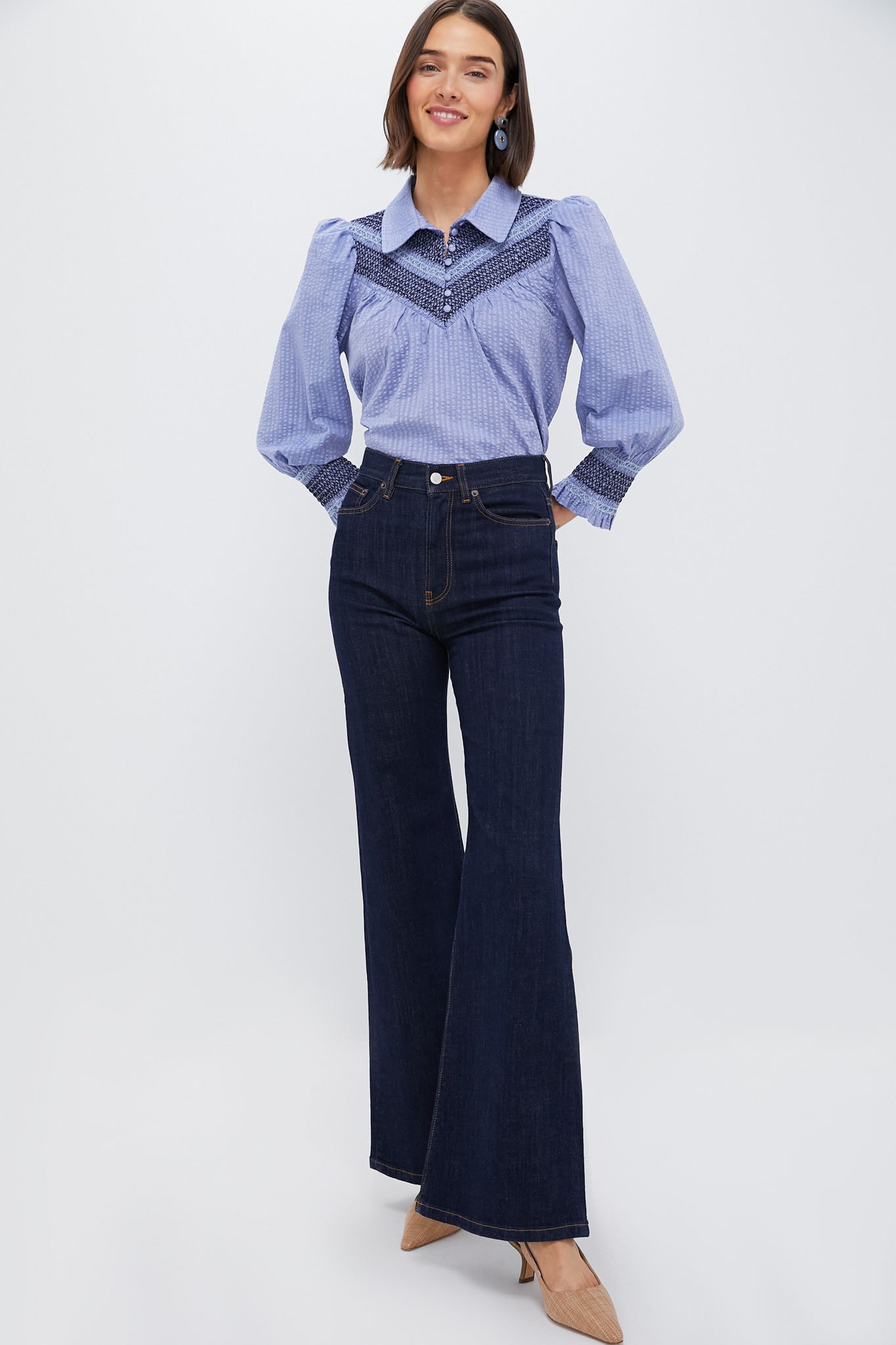 Blue Seersucker Smocked Vail Blouse for Women | Summer Casual Tops | Perfect for Beach, Office & Date Night Outfits