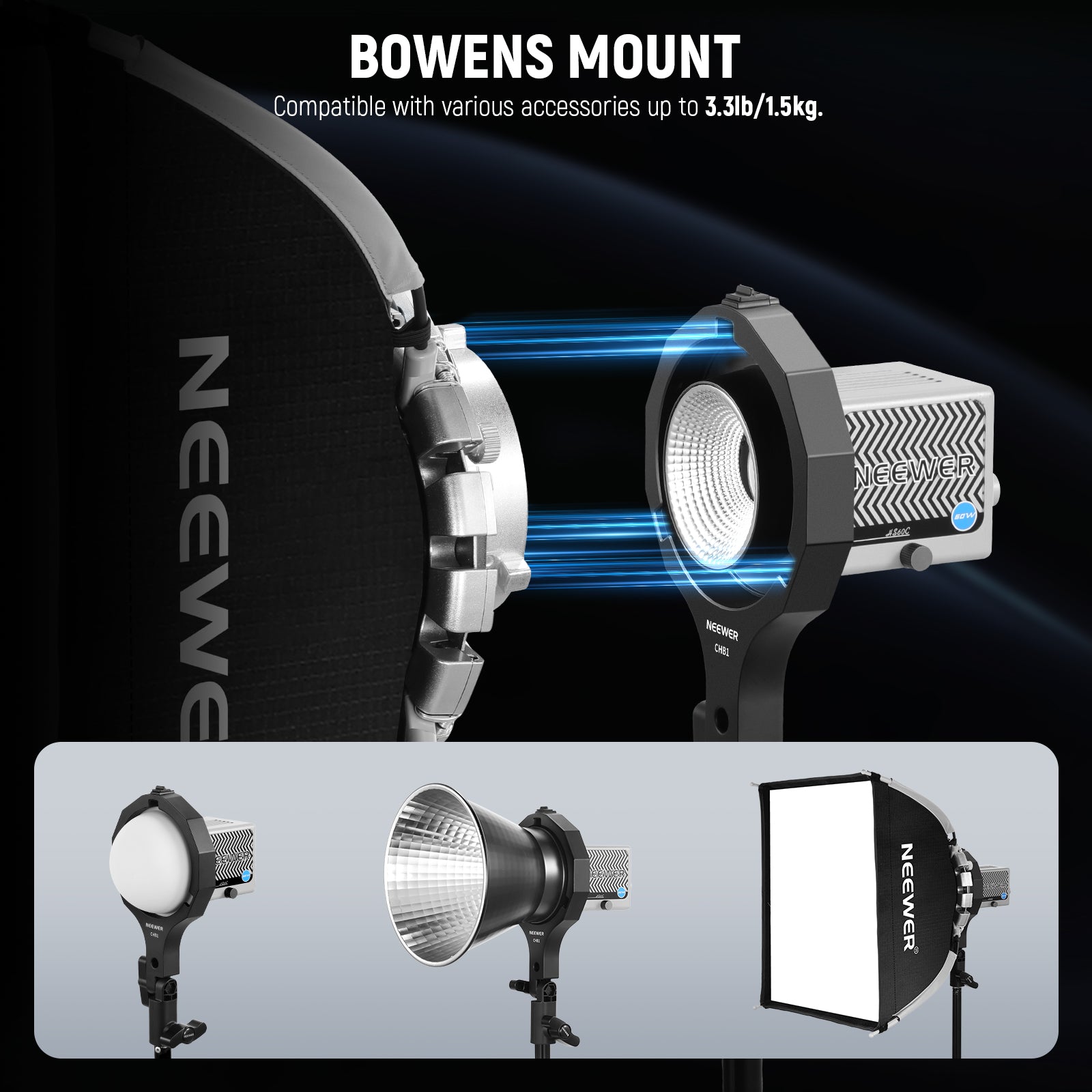 NEEWER CHB1 Bowens Mount Adapter Holder for HS60B/HB60S Handheld Video Light - Compatible with DSLR Cameras, Perfect for Photography & Videography Lighting Setup