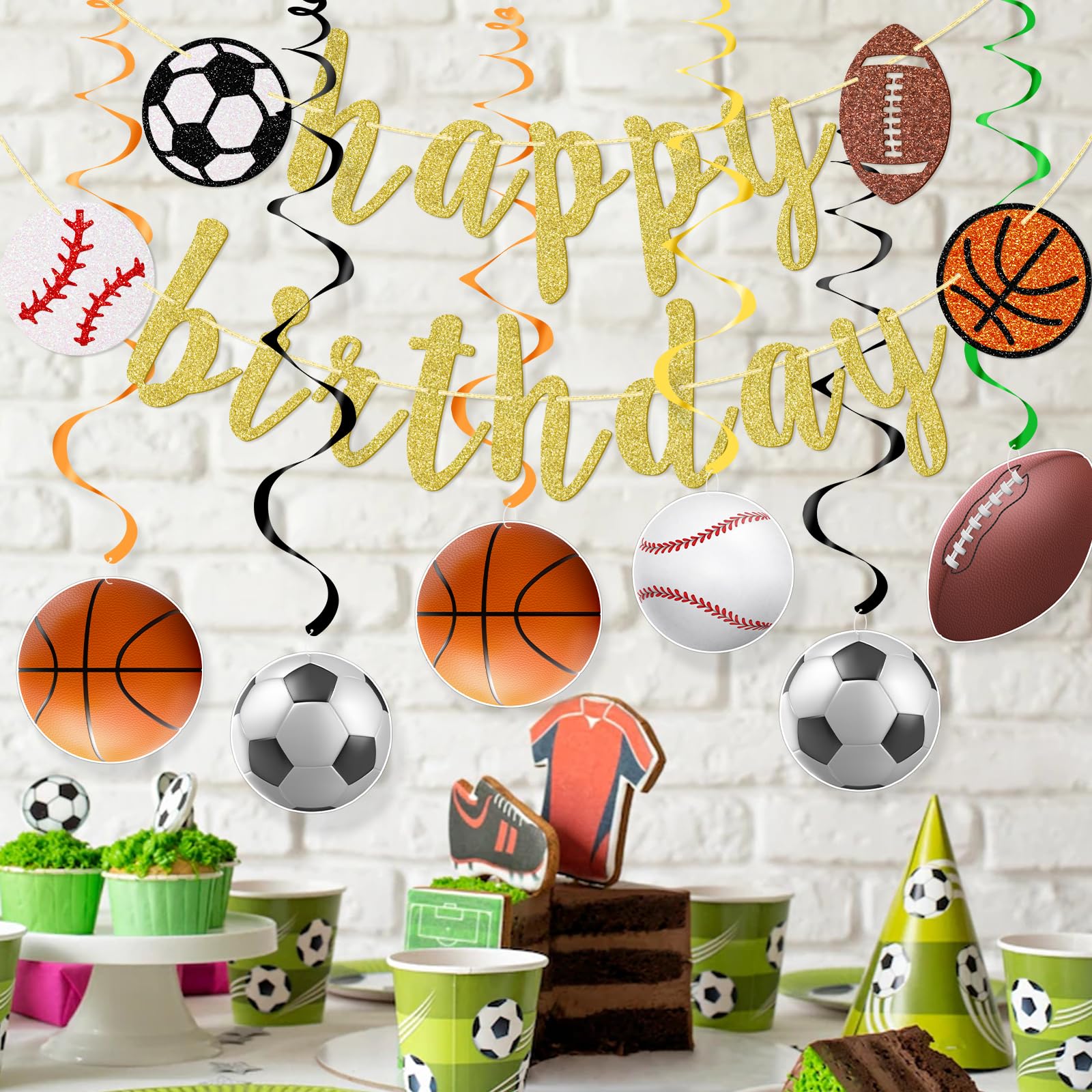 Sports Birthday Party Decorations Set - 10pcs Glitter Sports Banner, Hanging Swirls for Football, Baseball, Soccer & Basketball Theme - Gold | Perfect for Kids' Sports-Themed Birthday Parties & Team Celebrations