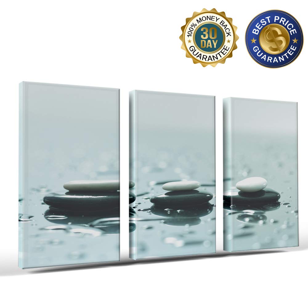 3 Piece Canvas Wall Art - Zen Stones on Water - Modern Gallery Wrapped Canvas Prints - Stretched & Framed Ready to Hang - 12