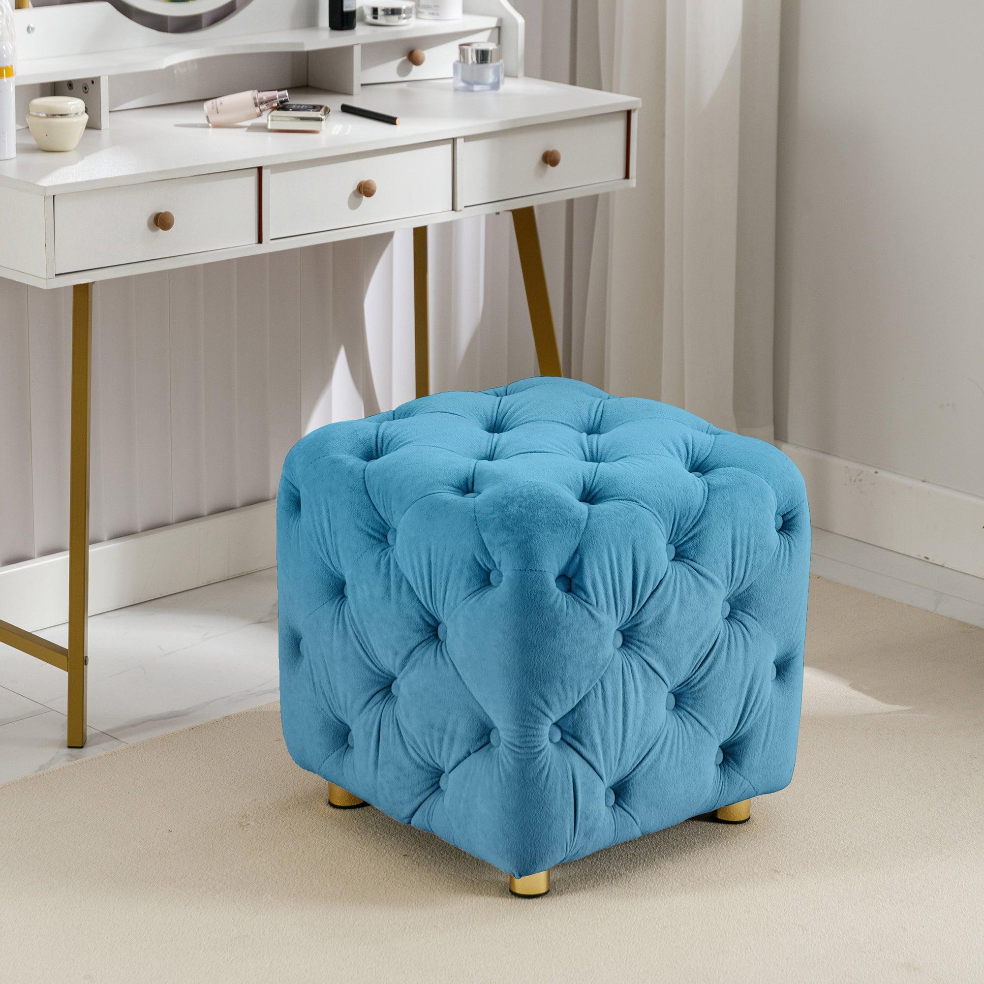 Blue Modern Velvet Upholstered Ottoman - Small End Table & Soft Foot Stool | Dressing Makeup Chair with Comfortable Seat for Living Room, Bedroom & Entryway | Perfect for Lounging, Storage & Home Decor