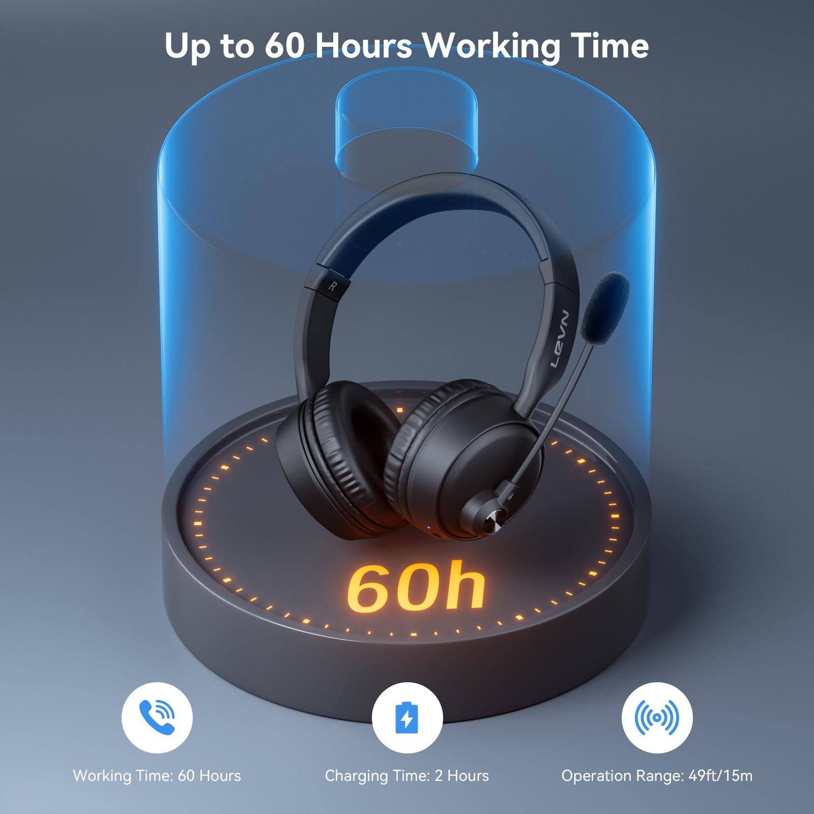 LEVN Bluetooth Headset with Microphone - Wireless Headphones with Noise Cancelling, 60H Battery Life, Multipoint Connectivity for Phone/Laptop/PC - Perfect for Office Calls, Online Meetings & Remote Work