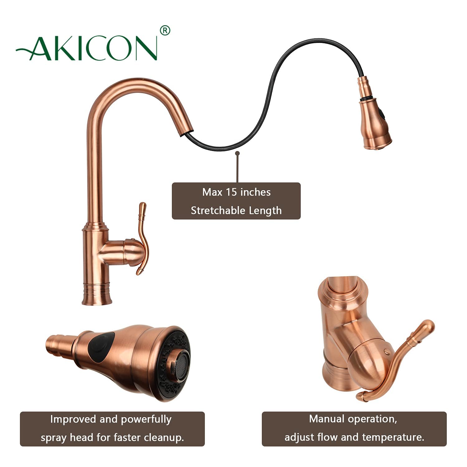 Akicon Copper Single-Hole Pull-Down Sprayer Kitchen Faucet - Single Handle Brushed Nickel Sink Faucet for Modern Farmhouse & Industrial Style Kitchens