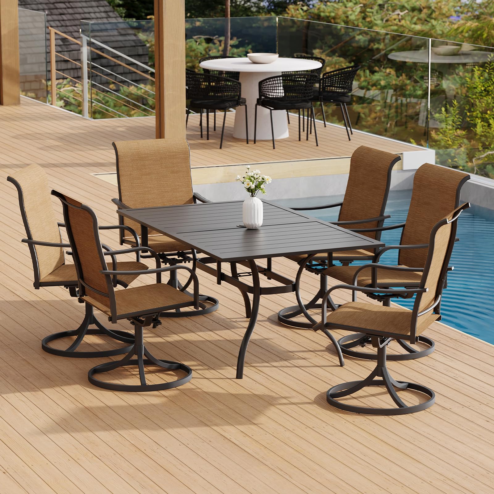 2-Piece High Back Outdoor Swivel Rocking Chair Set - All-Weather Brown Patio Dining Chairs with Curved Armrests for Garden, Deck, Poolside & Backyard Relaxation