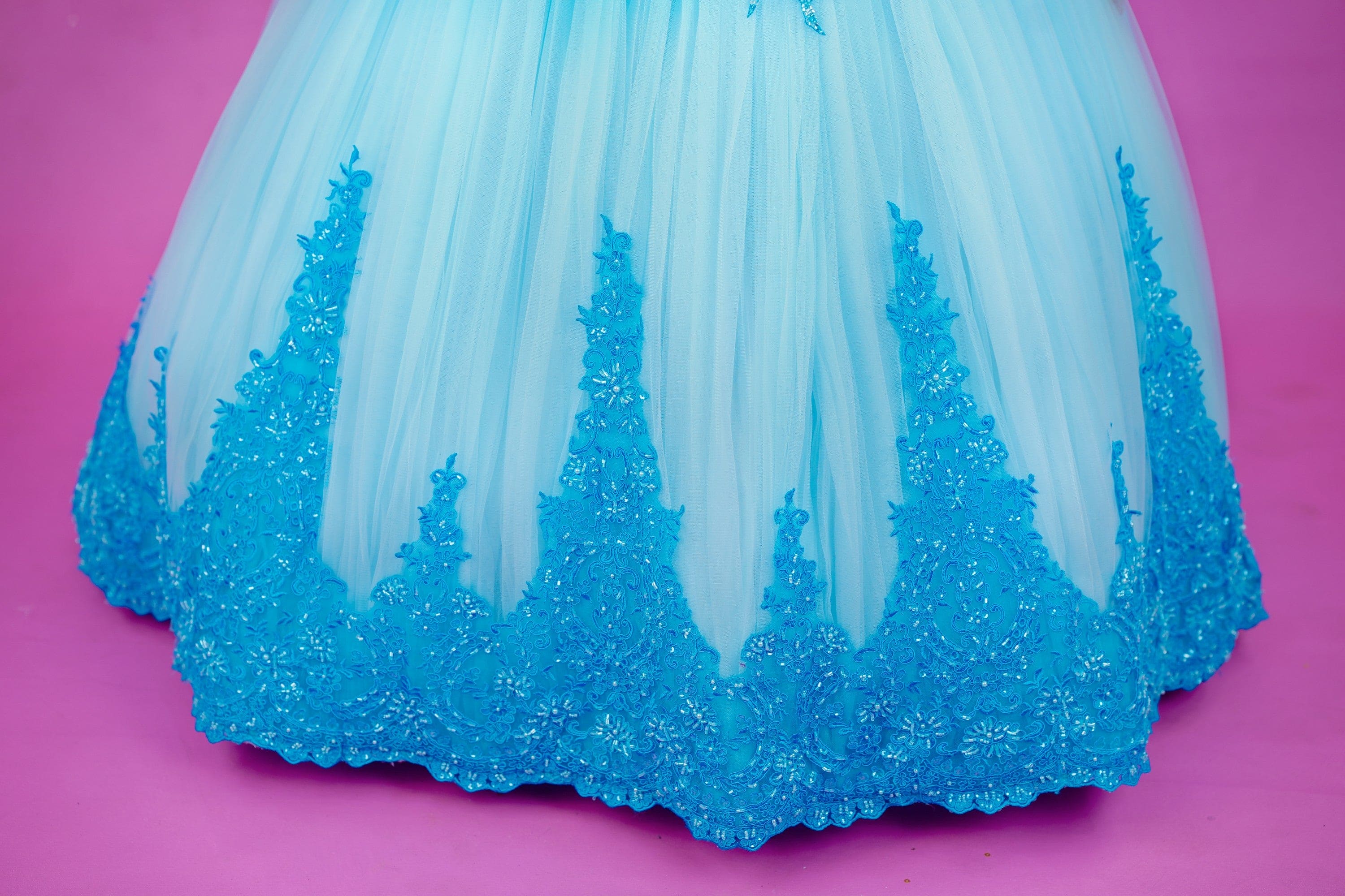 Icelandic Themed Ice Blue & Sea Blue Couture Gown with Handcrafted Flower Embellishments & Lace - Elegant Evening Dress for Weddings, Galas, and Special Occasions