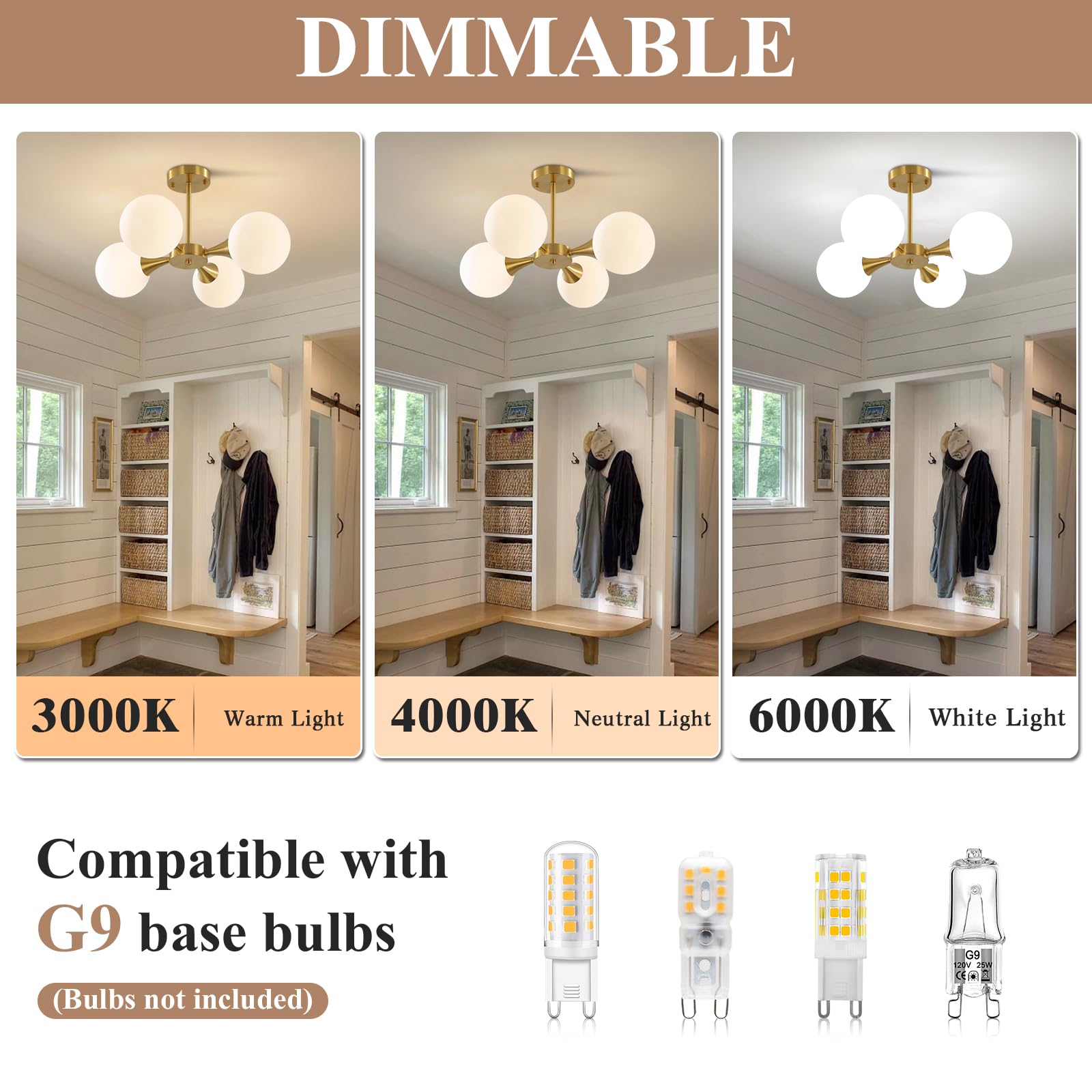 Modern Gold Semi Flush Mount Sputnik Chandelier - 4-Light Mid Century Ceiling Lamp with Frosted Glass Globes - Perfect for Living Room, Dining Room & Bedroom Lighting
