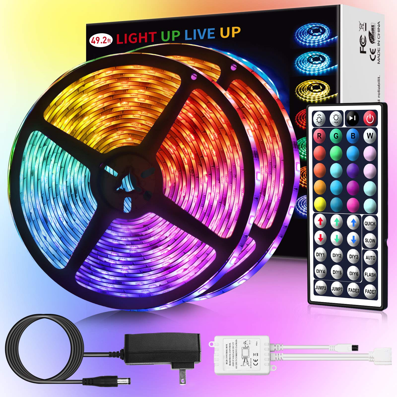 Waterproof IP65 RGB LED Strip Lights 49.2ft - Color Changing 5050 LED Tape Lights with 44-Key Remote & 24V Power Supply for Home, Living Room, Kitchen, Bedroom, Bar, Party & Outdoor Decoration