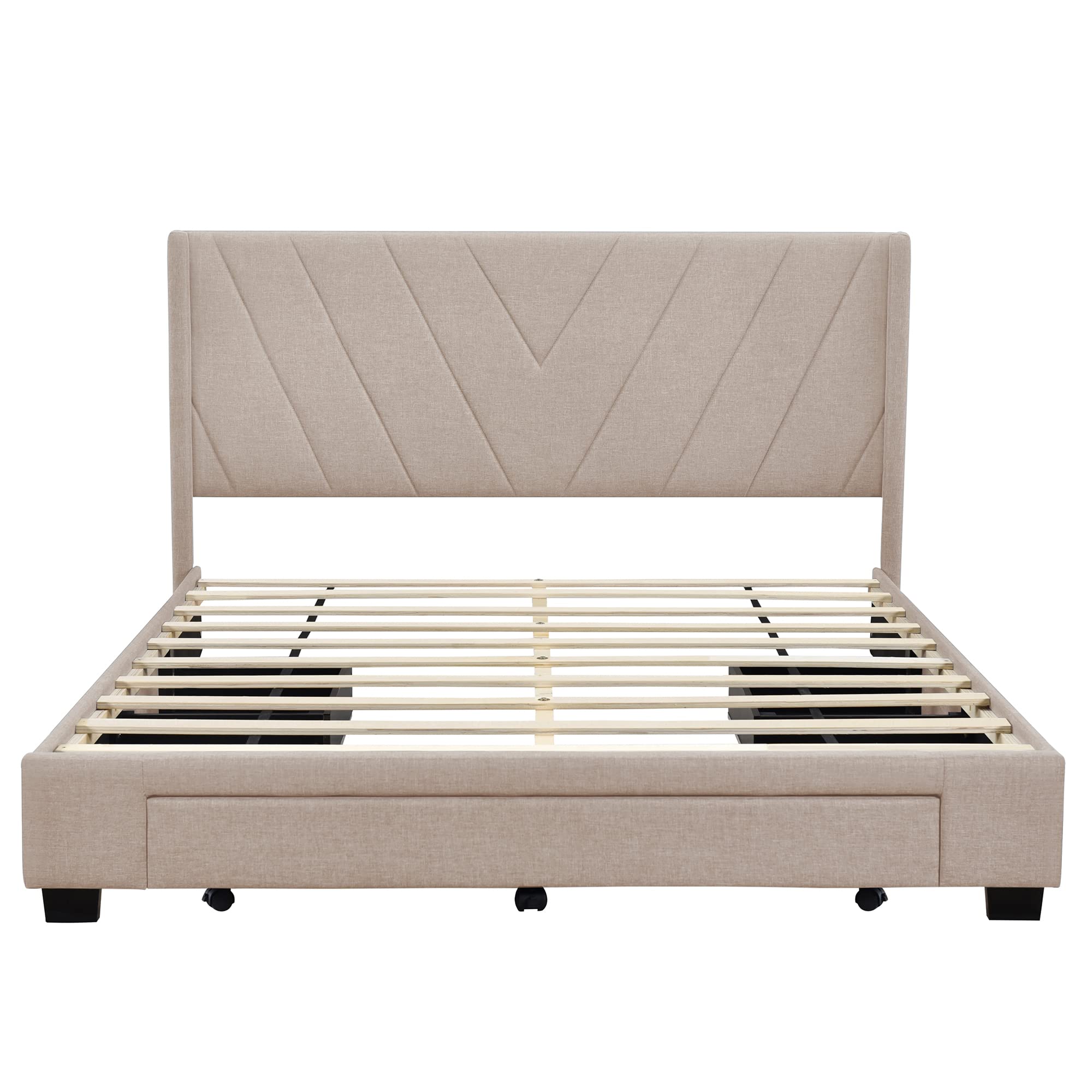 Merax Queen Size Linen Upholstered Platform Bed with 3 Storage Drawers & Headboard - No Box Spring Needed, Beige Modern Bed Frame for Small Space Bedroom, Guest Room & Apartment