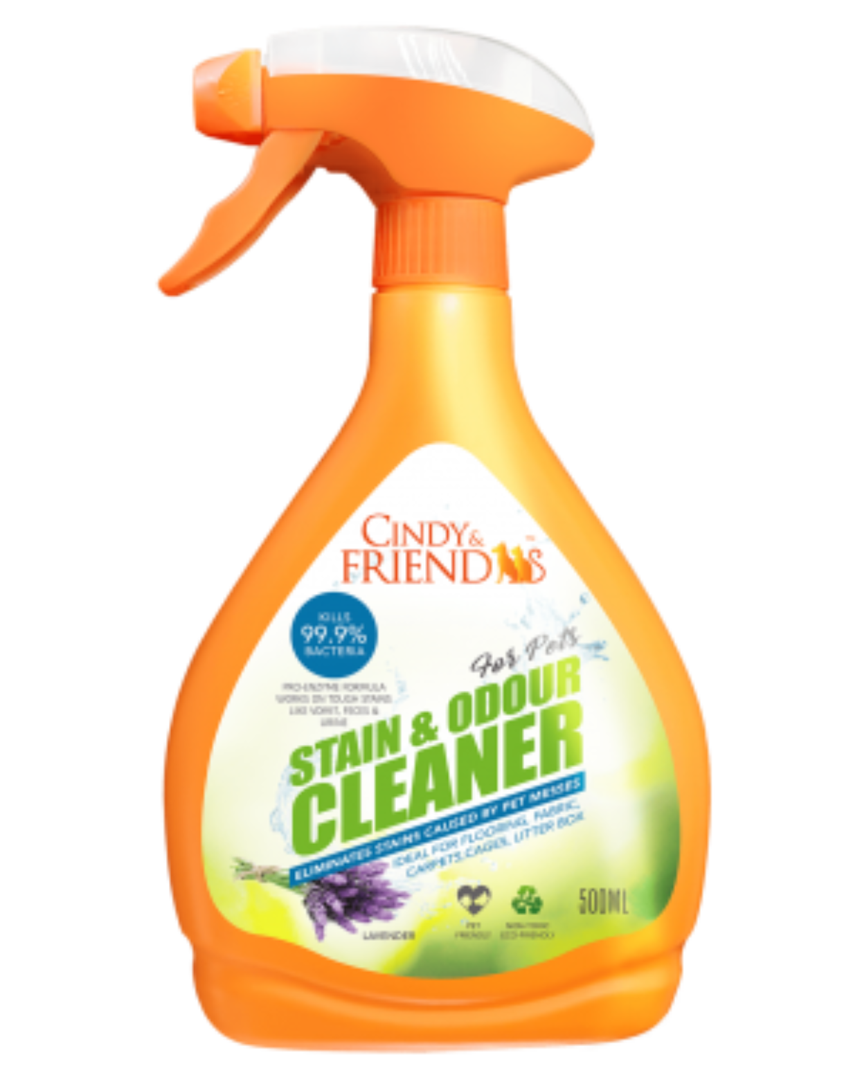 Cindy & Friends Pet Stain & Odor Eliminator Spray - Lavender Scent, 500ml | Removes Tough Stains & Neutralizes Odors for Dogs & Cats | Perfect for Carpets, Upholstery & Pet Beds
