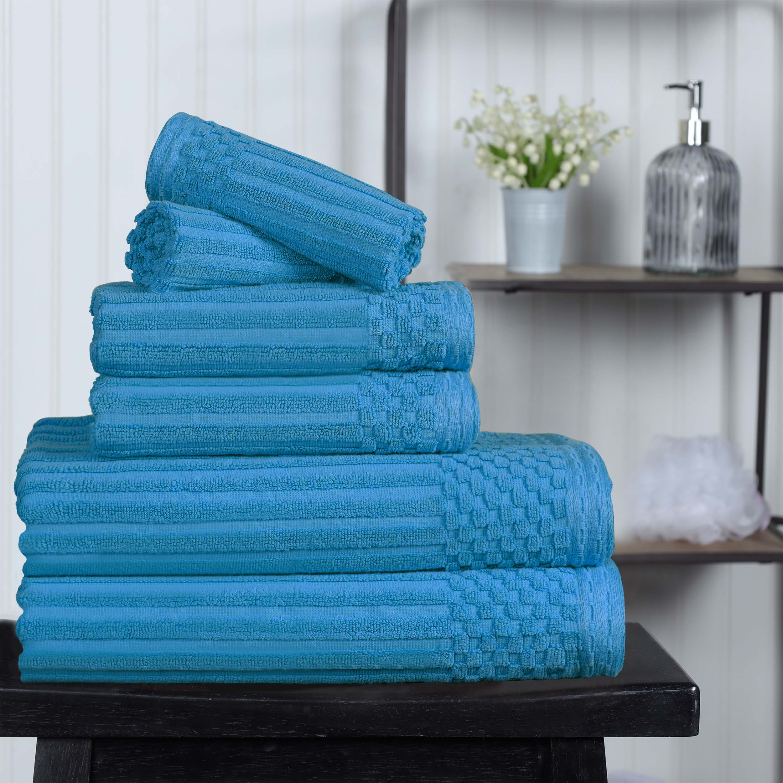 Premium 6-Piece Cotton Ribbed Textured Towel Set - Medium Weight, Soft & Absorbent Bath Towels for Spa, Gym, and Everyday Use