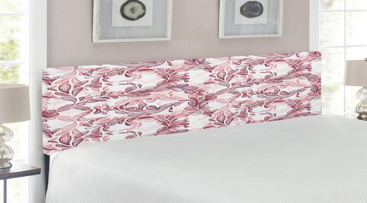Ambesonne Floral King Size Headboard - Romantic Nature Scroll Design with Hand-Drawn Leaves & Petals, Upholstered Decorative Metal Bed Frame with Memory Foam in Maroon Coral & White | Perfect for Master Bedroom, Guest Room & Home Decor