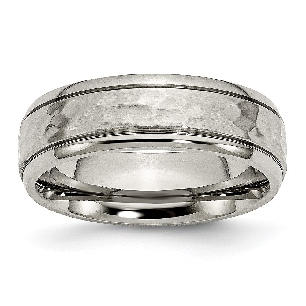 Titanium 7mm Grooved Edge Hammered Polished Wedding Band Ring for Men - Durable & Hypoallergenic - Perfect for Engagement, Anniversary & Everyday Wear