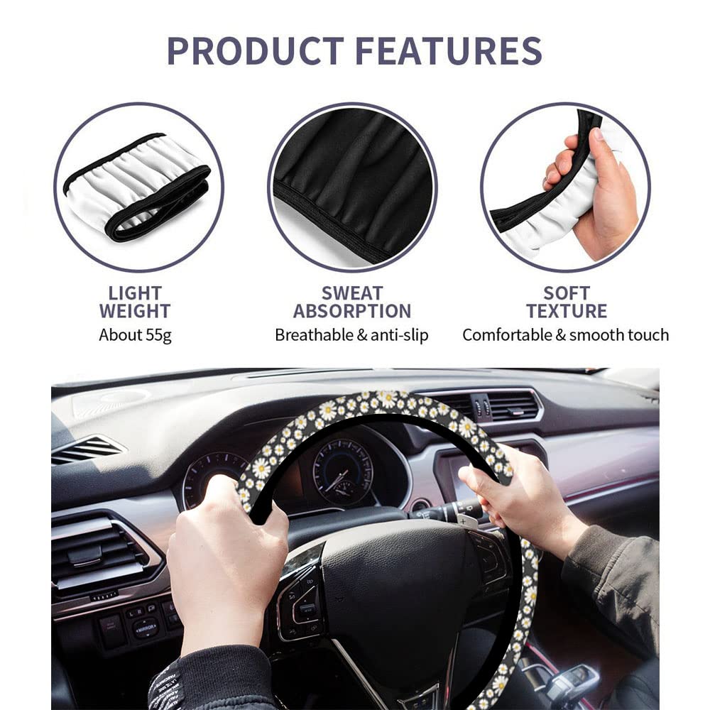Swono Daisy Flower Steering Wheel Cover - Non-Slip Neoprene Car Wrap (15 Inch) | White & Black Ditsy Floral Design for Comfort Grip | Perfect for Summer Road Trips & Daily Commutes