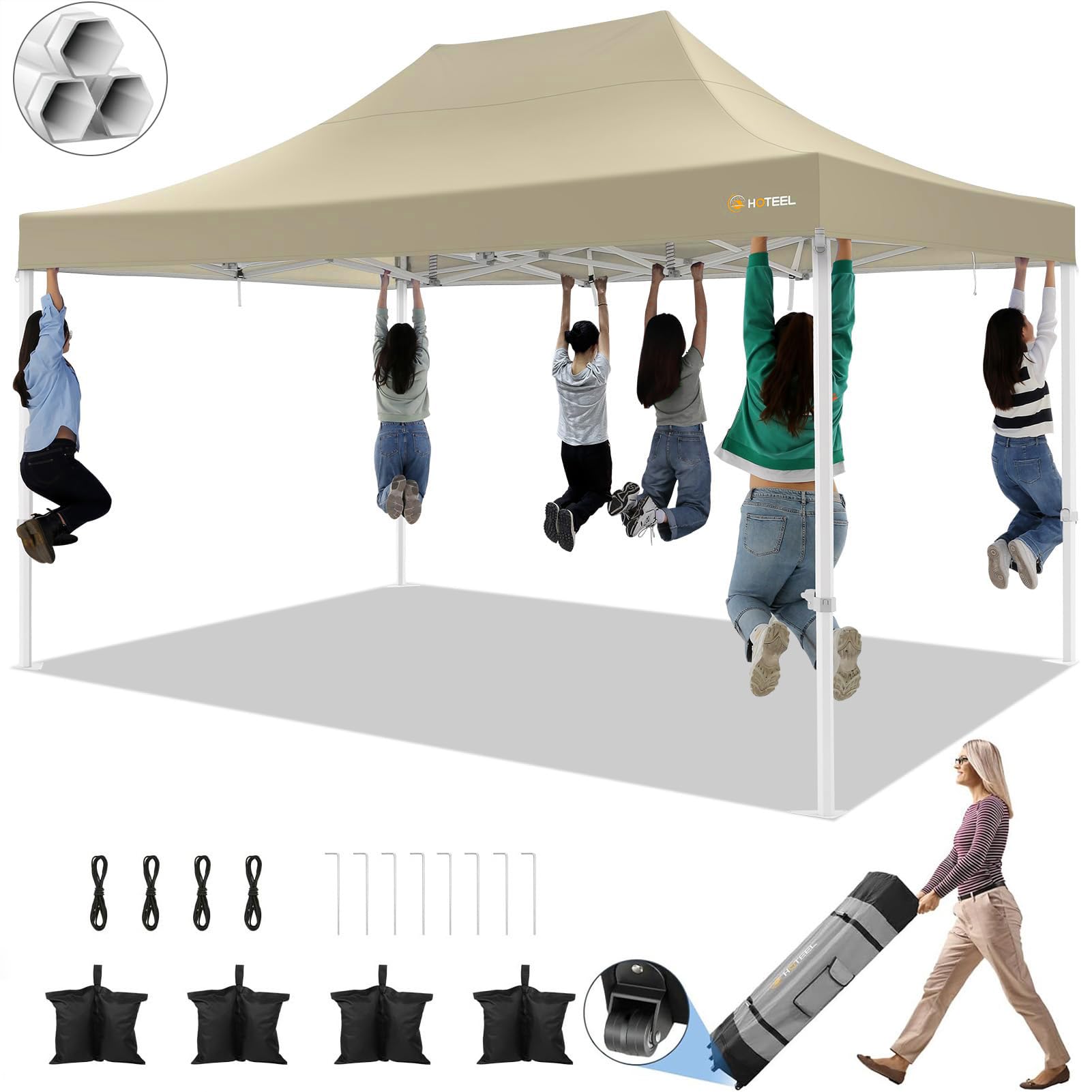 HOTEEL 10x15 Pop Up Canopy Tent - Heavy Duty Hexagonal Frame Gazebo for Outdoor Events, Weddings & Commercial Use | Easy Setup with Roller Bag & Sand Bags | Perfect for Parties, Picnics, Markets & Beach (Khaki)