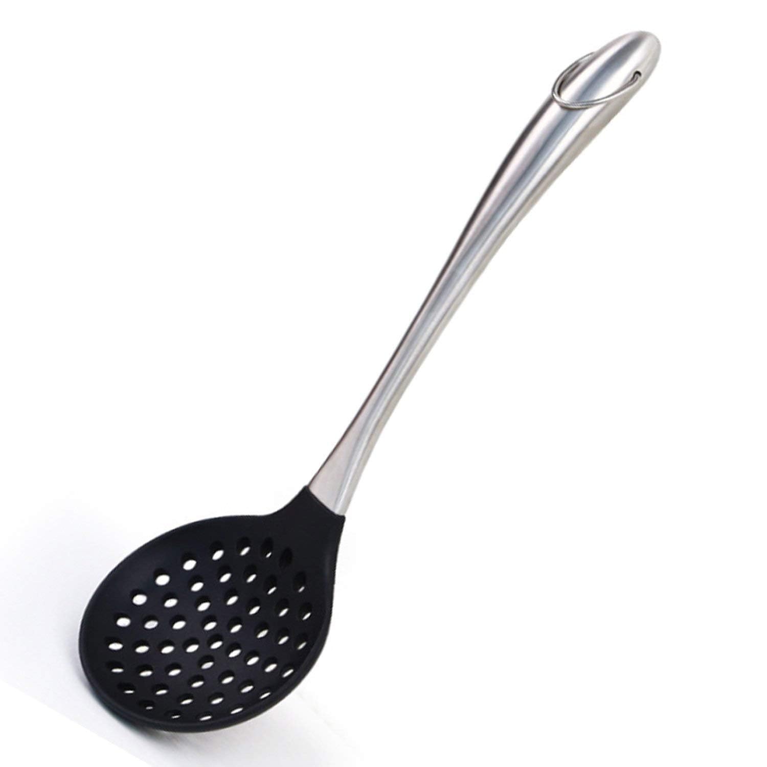 Premium Silicone Skimmer Slotted Spoon with Stainless Steel Handle - Durable Kitchen Utensil for Cooking, Frying & Serving - Ideal for Restaurants, Home Chefs & Outdoor BBQ (Black, Pack of 1)