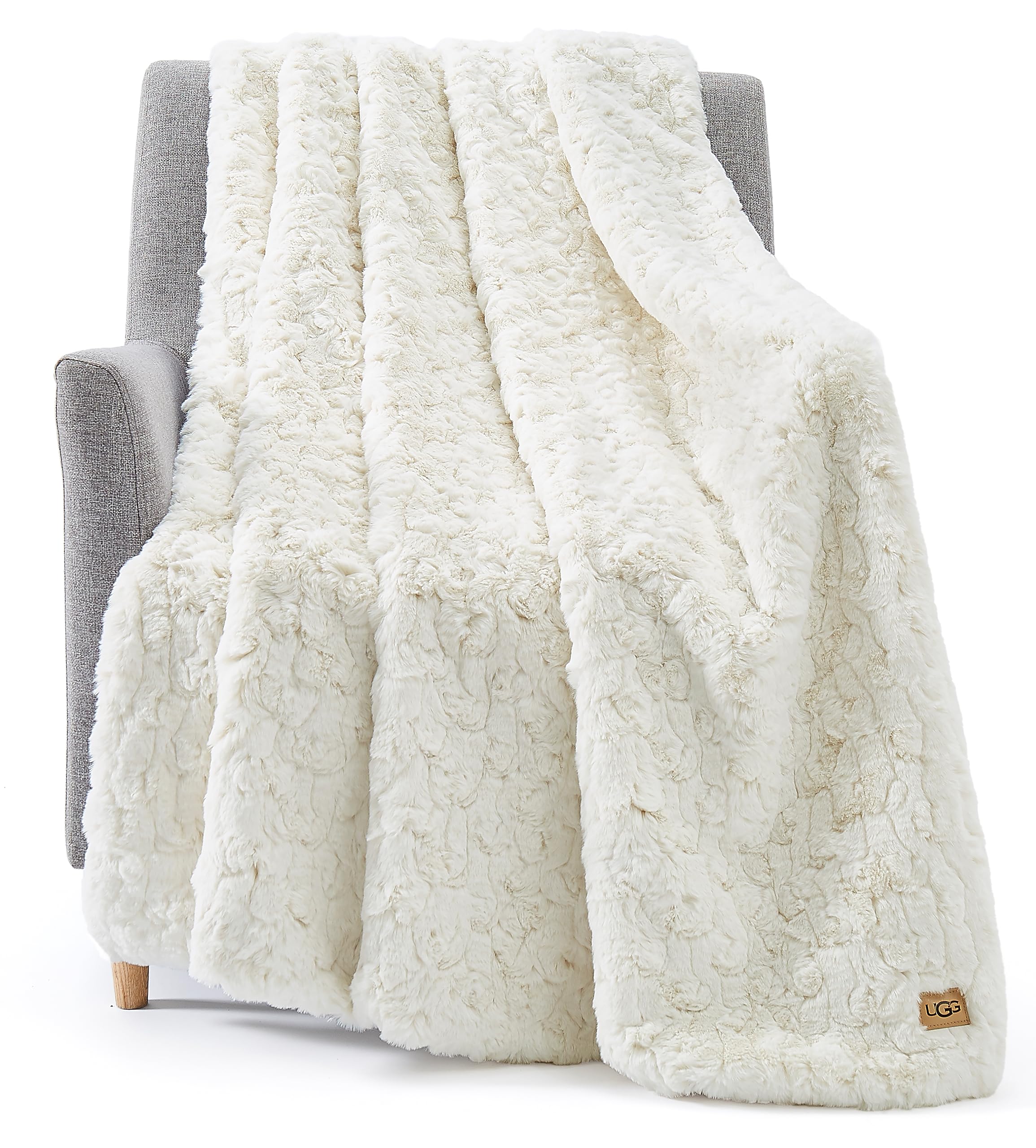 UGG 25517 Amanda Reversible Faux Fur Throw Blanket - Super Soft Plush Flannel, Machine Washable, 50 x 70 Inches (Snow) - Luxurious Warm Blanket for Couch, Sofa, Bed & Winter Home Decor