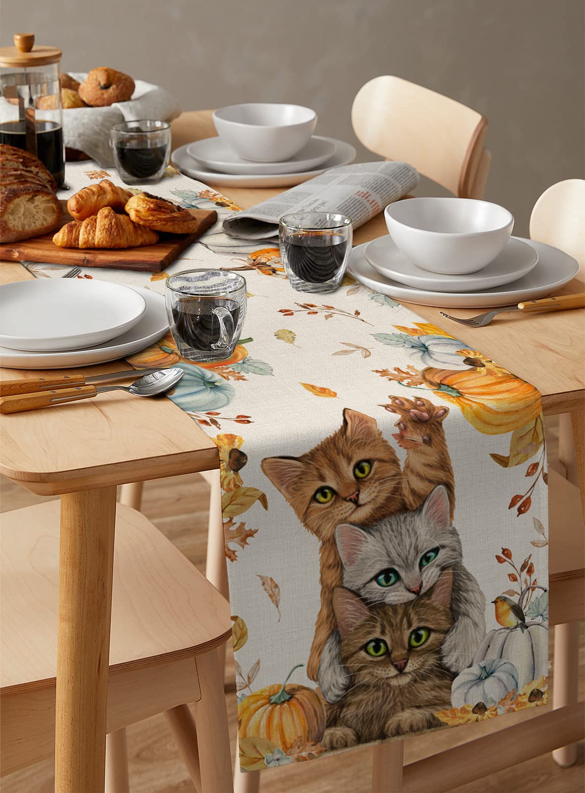 72 Inch Cotton Linen Table Runner - Thanksgiving & Fall Farmhouse Decor with Pumpkin Cats & Maple Leaf Design for Dining Table, Coffee Table, Wedding Party | Rustic Burlap Kitchen & Home Decoration Scarf