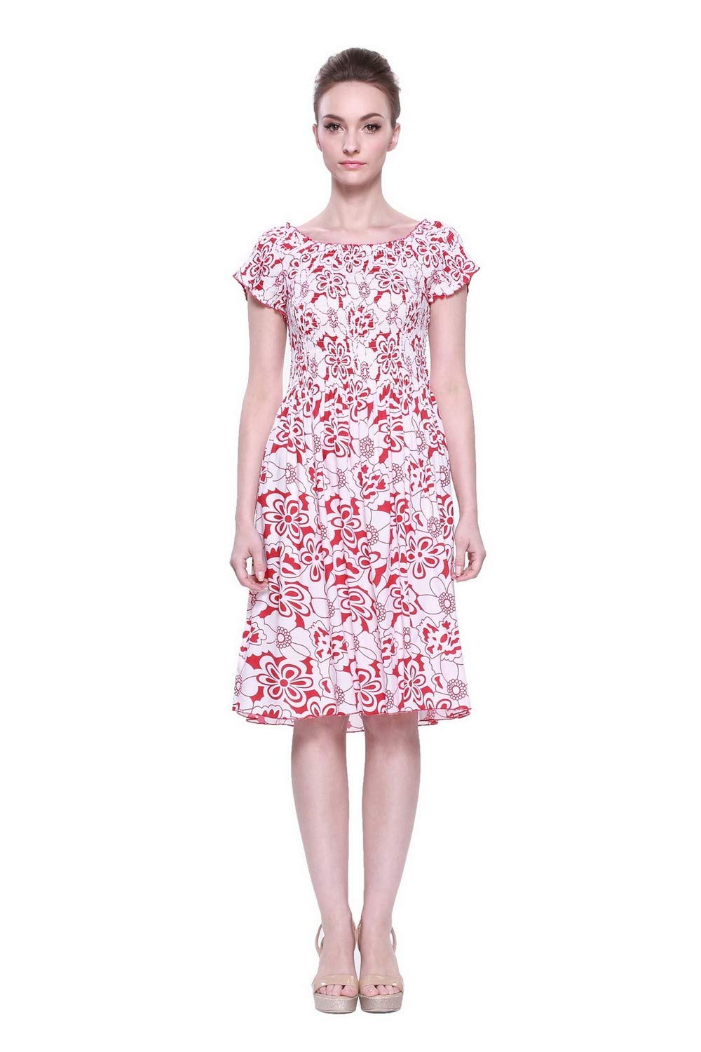 Women's Hawaiian Elastic Short Sleeve Dress - Sunset Red Floral Print | Beach Vacation, Summer Party & Tropical Outfit