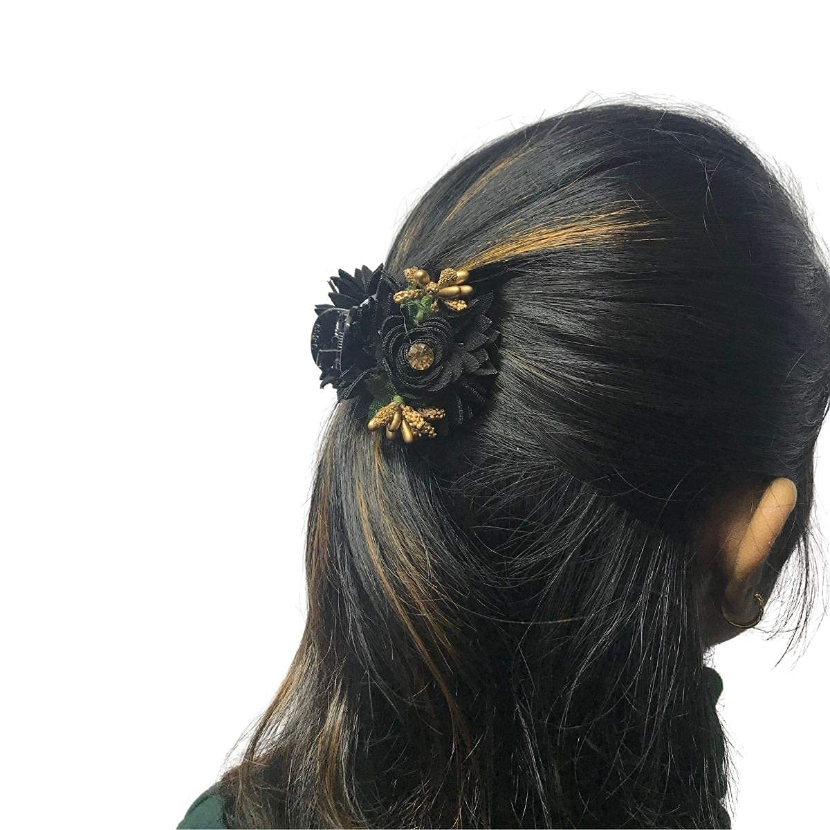 Honbon Fashion Fabric Pink Hair Clip with Golden Stone - Stylish Flower Hair Clutch for Women & Girls (Pack of 1) - Perfect for Parties, Weddings & Everyday Accessories