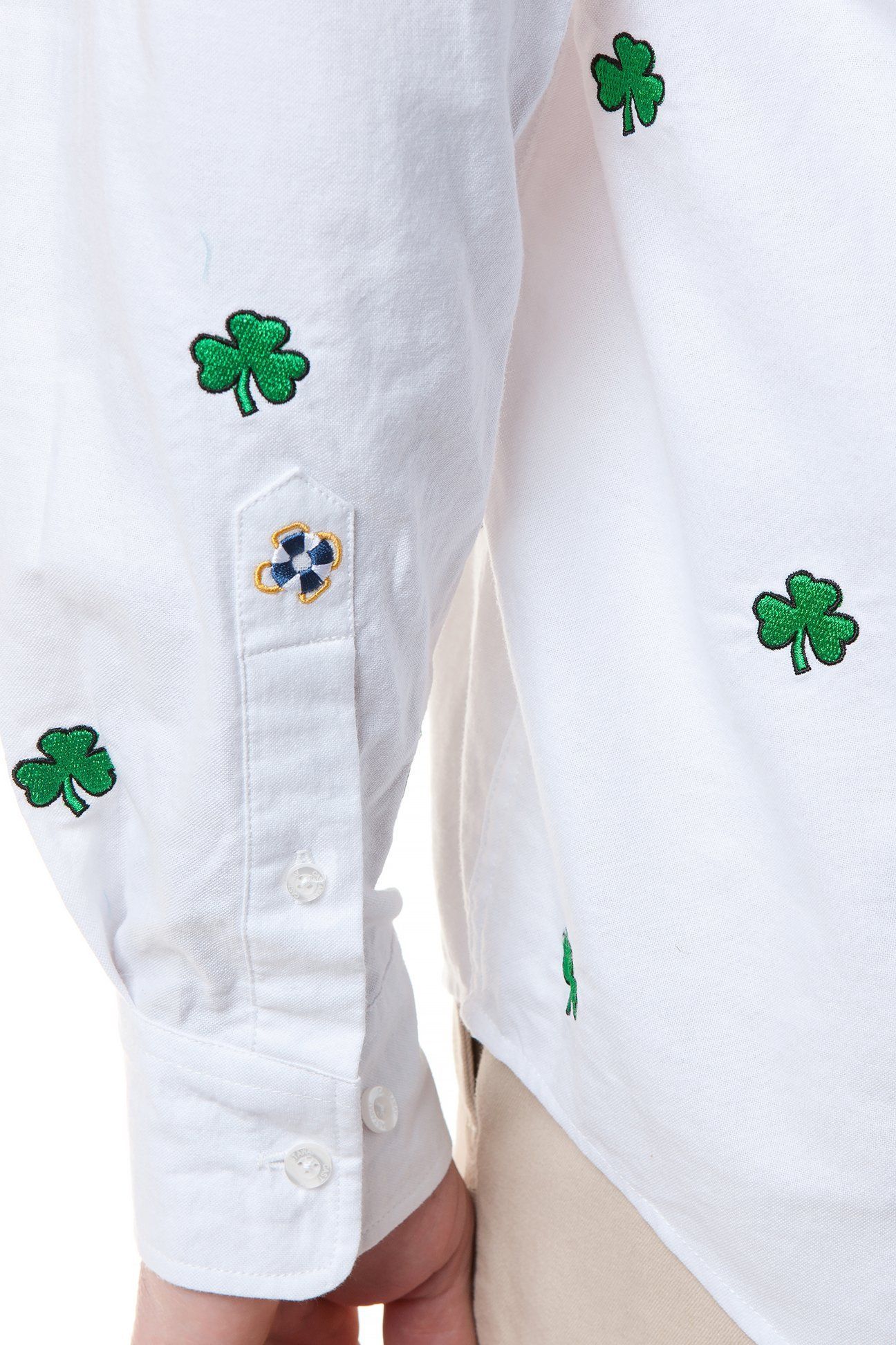 Men's White Oxford Shirt with Shamrock Print - Classic Straight Wharf Style for Casual & Business Wear