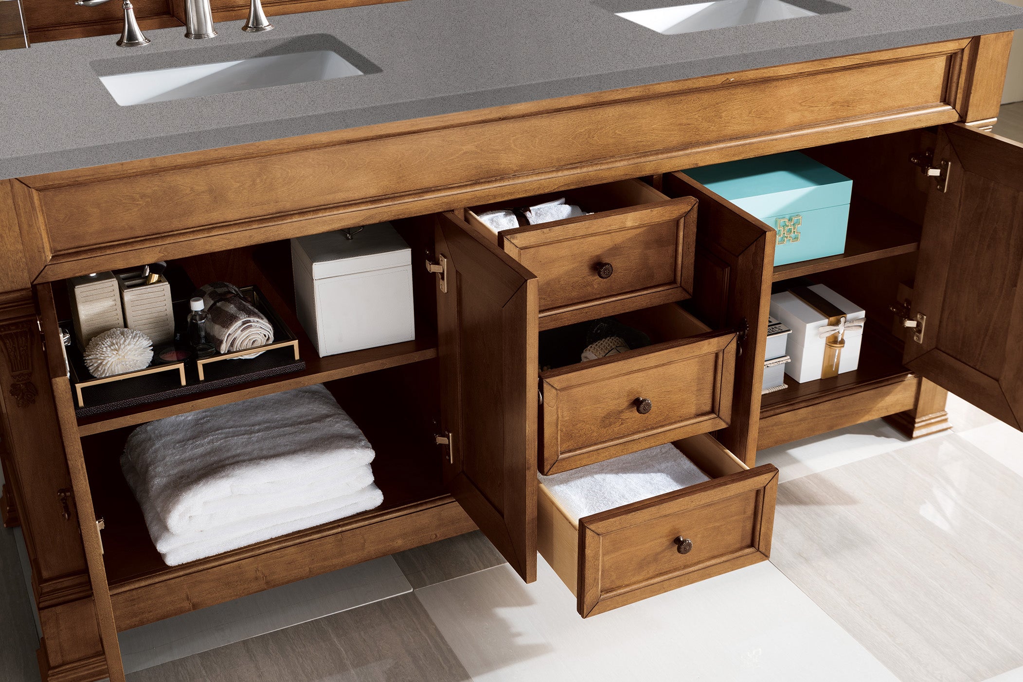Brookfield 72-Inch Double Vanity Bathroom Sink with Country Oak Cabinets & 3CM Grey Expo Quartz Countertop – Perfect for Master Bathroom & Modern Farmhouse Style