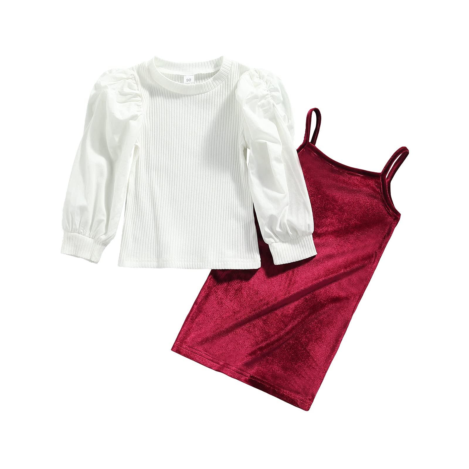 Girl's 2-Piece Outfit - Fashionable Solid Color Puff Sleeve Top & Suspenders Dress Set | Perfect for Birthday Parties, School Events & Family Photos