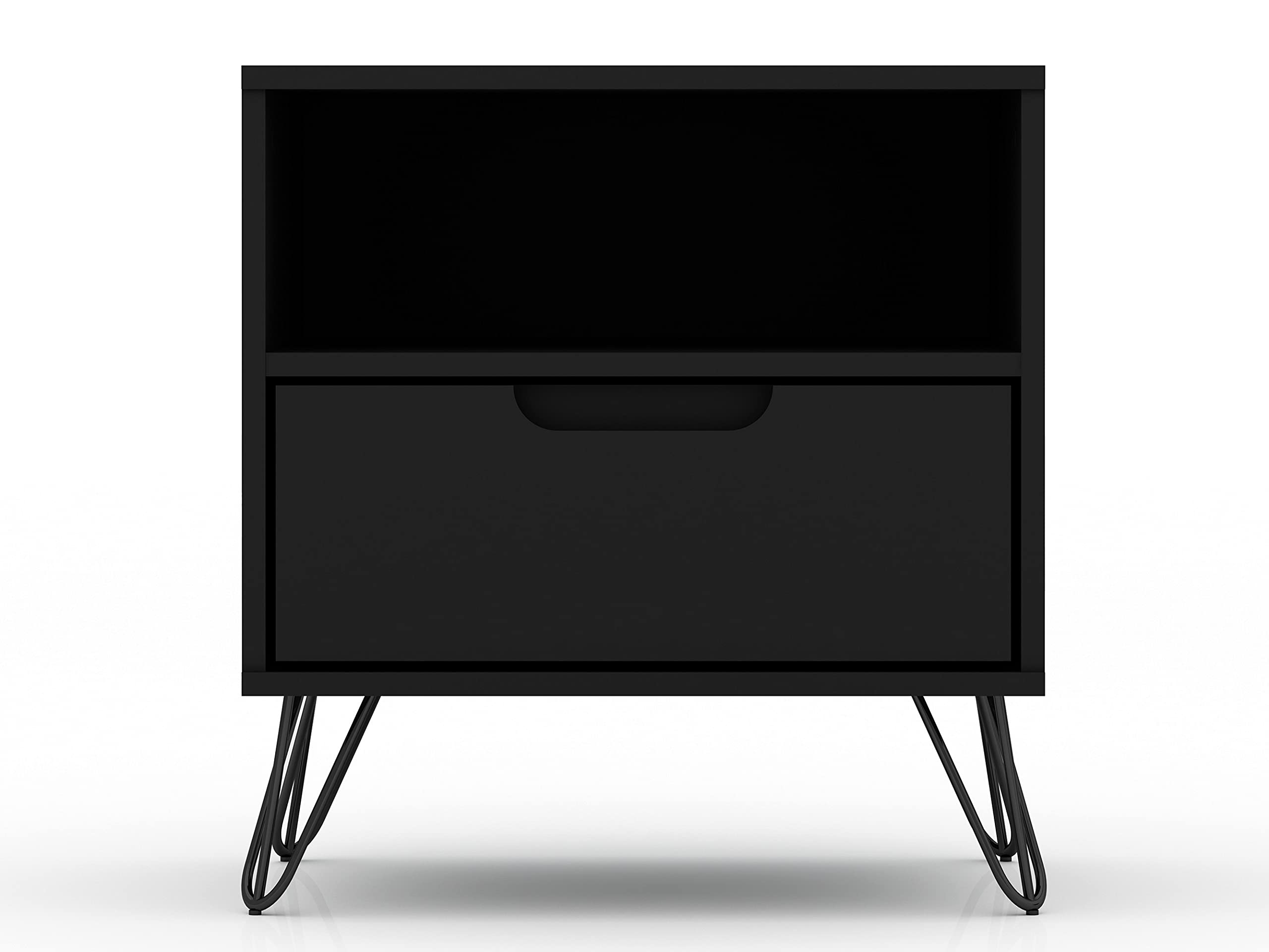 Mid Century Modern Nightstands Set of 2 - Manhattan Comfort Rockefeller Bedside Tables with Drawer & Cubby Storage | Functional Bedroom & Living Room Furniture Organizer in Black | Perfect for Small Spaces & Guest Rooms