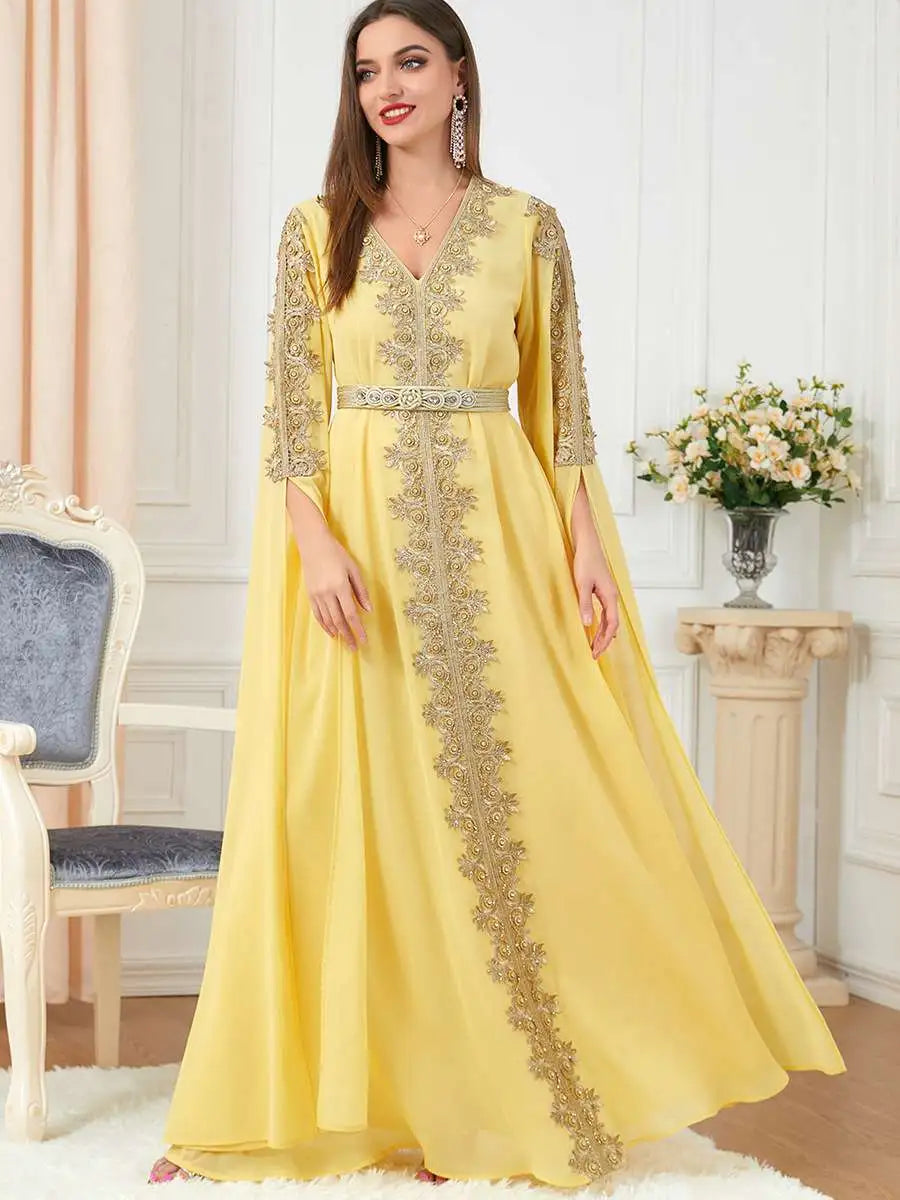 Elegant Arab Women's Chiffon Caftan Dress for Evening Party, Wedding & Special Occasions - Breathable & Comfortable Middle Eastern Kaftan for Eid Celebrations