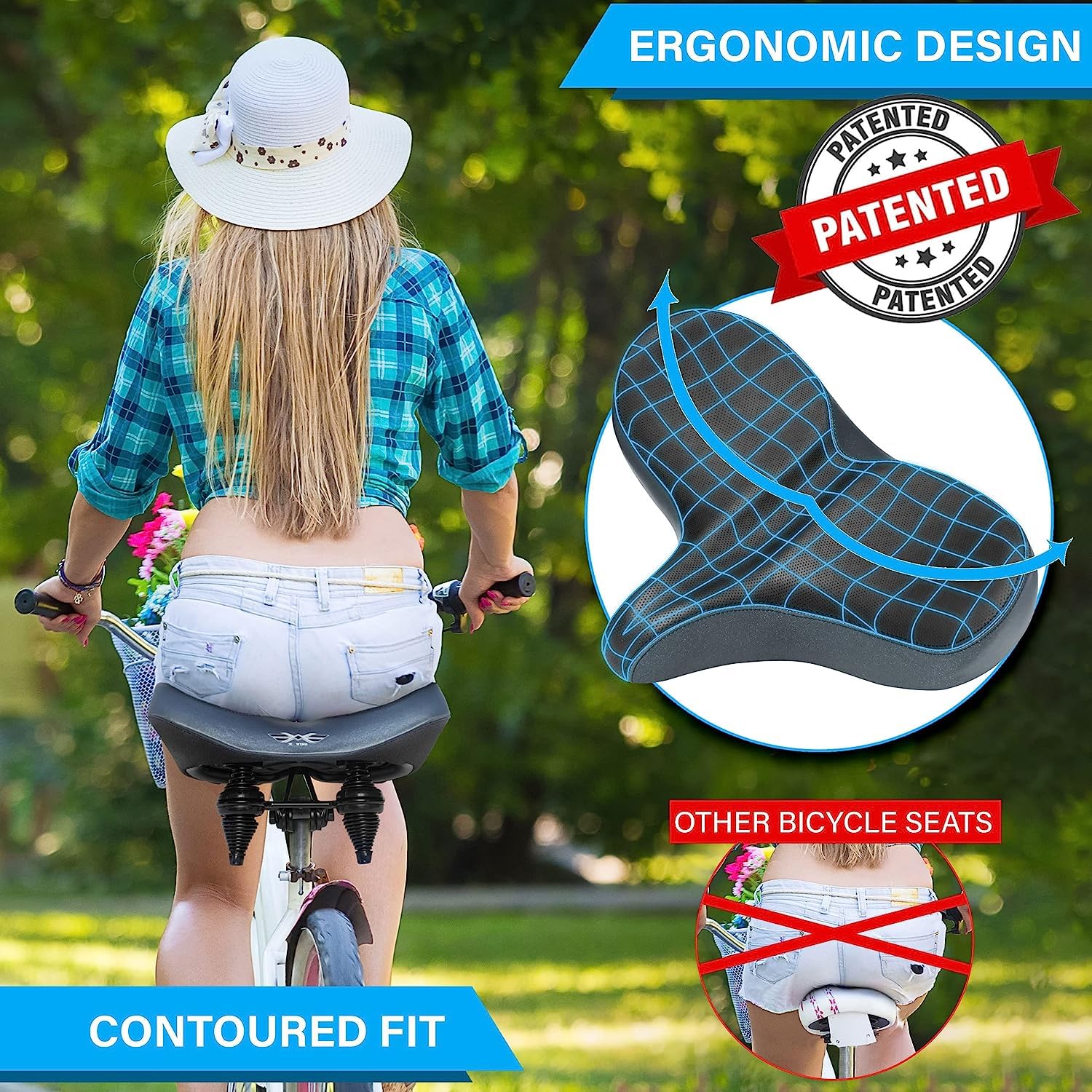 X WING Comfortable Noseless Bike Seat Cushion for Men & Women - Extra Wide Padded Bicycle Saddle for Peloton, Electric, City & Stationary Bikes - Ergonomic Design for Pain-Free Cycling - Perfect for Indoor Workouts, Commuting & Long Rides