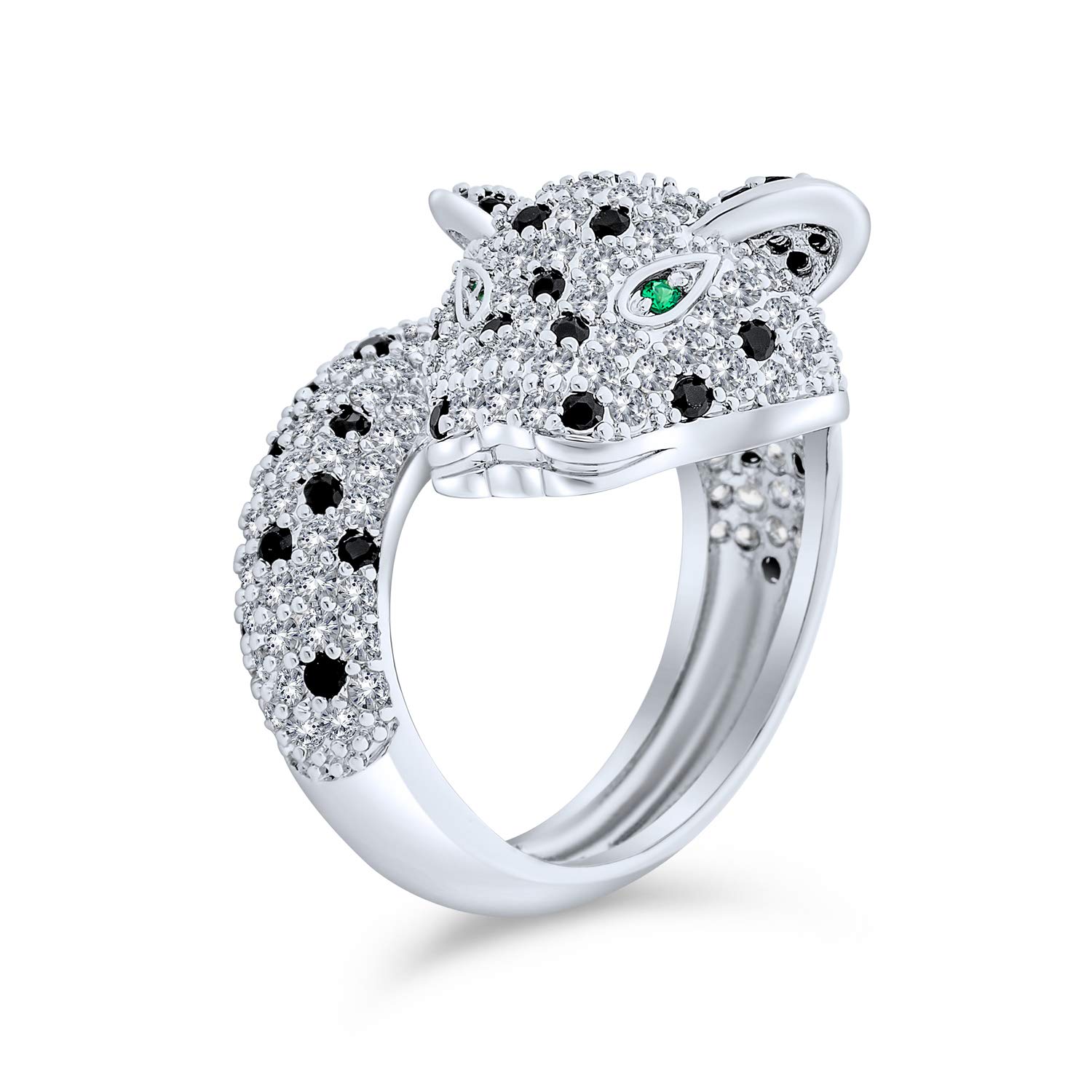 Green Eye Leopard CZ Statement Ring for Women - Silver Plated Brass Jewelry for Party & Evening Wear