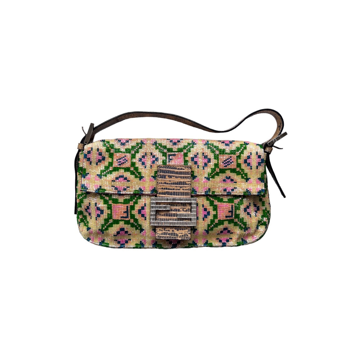 Fendi Pink and Green Beaded Baguette Bag - Stylish Designer Shoulder Purse for Women | Perfect for Parties, Weddings & Evening Events