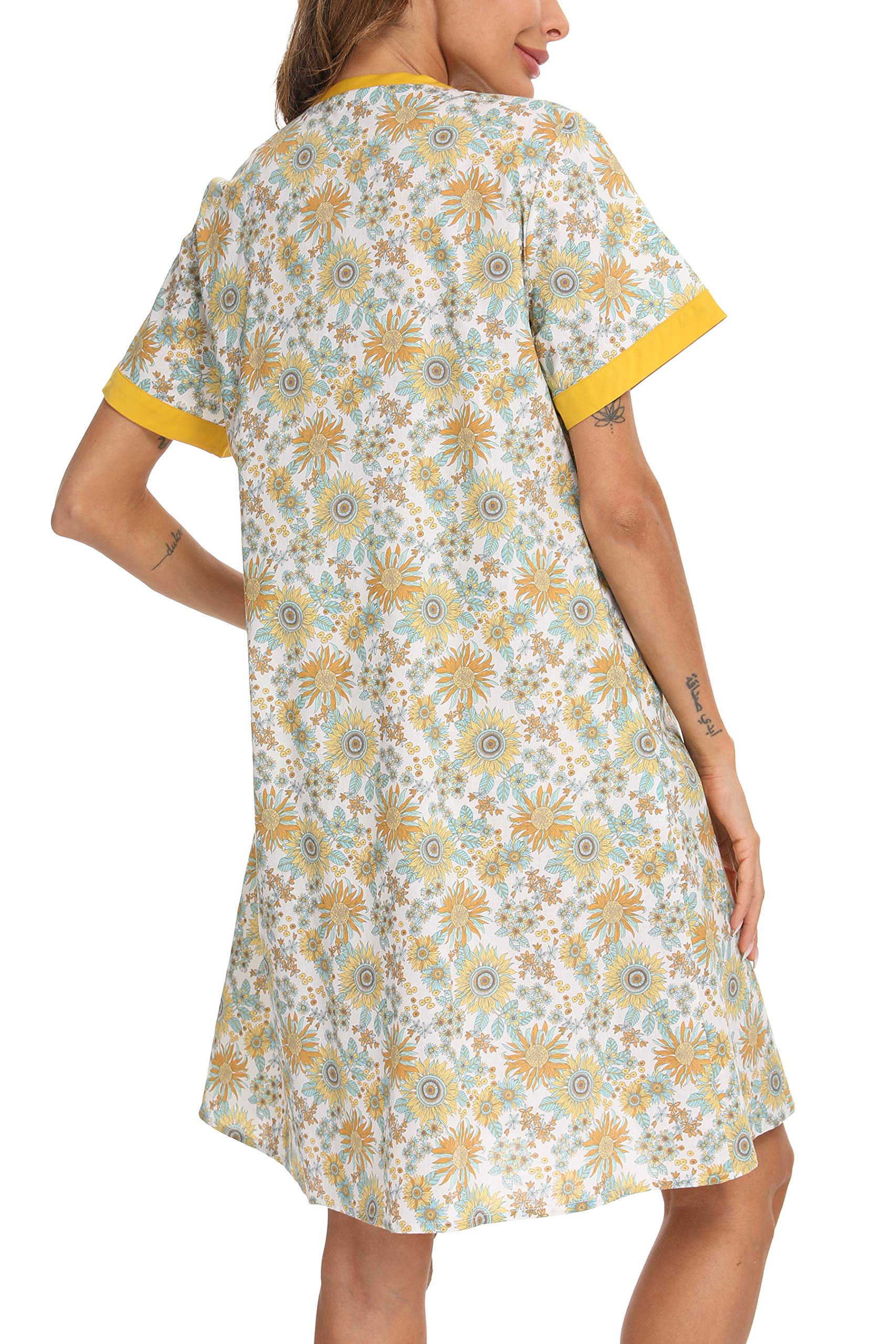 YOZLY Women's Short Sleeve House Dress with Pockets - Comfortable Casual Home Robe, Duster & Moomoo Nightgown for Lounging, Sleeping & Housework