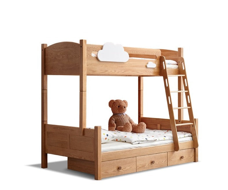 Solid Oak Wood Multi-Functional Bunk Bed with Ladder & Guardrails - Space-Saving Kids Bedroom Furniture for Siblings or Sleepovers