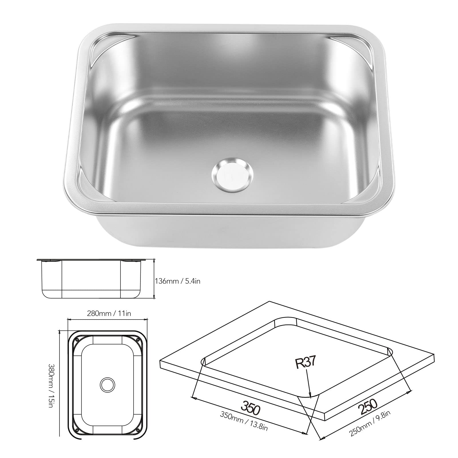 304 Stainless Steel Workstation Drop-In Sink - 345x245x136mm Single Bowl Small Hand Wash Basin with 40mm Drain for Kitchen, RV, Camper Van, Yacht & Boat | Perfect for Bar Prep, Dishwashing & Compact Spaces
