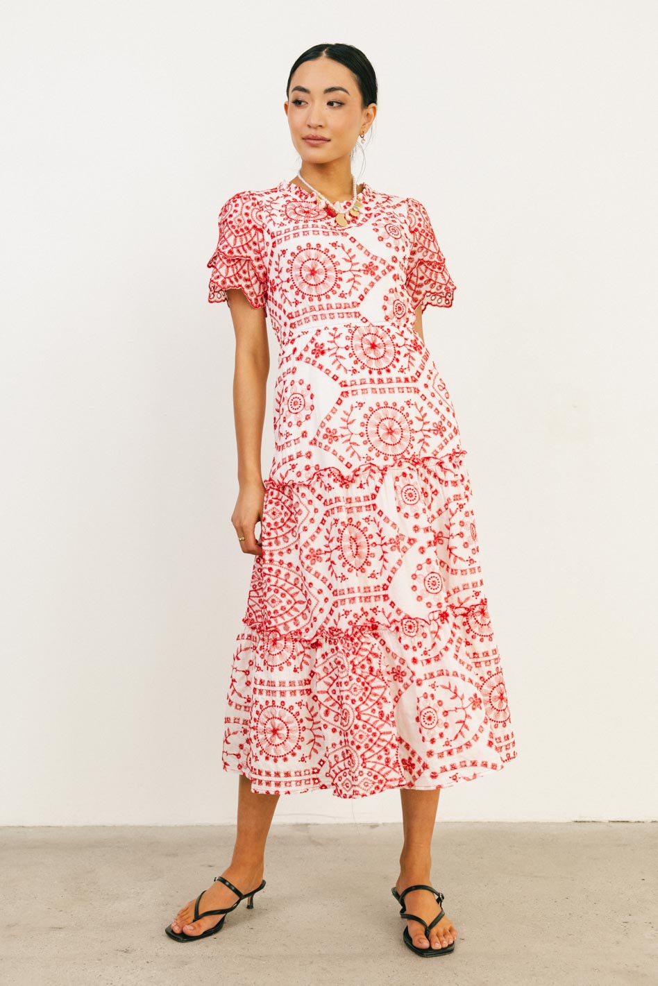 Alena Eyelet Lace Dress in Red - Elegant Summer Floral Dress for Women | Perfect for Weddings, Parties & Special Occasions