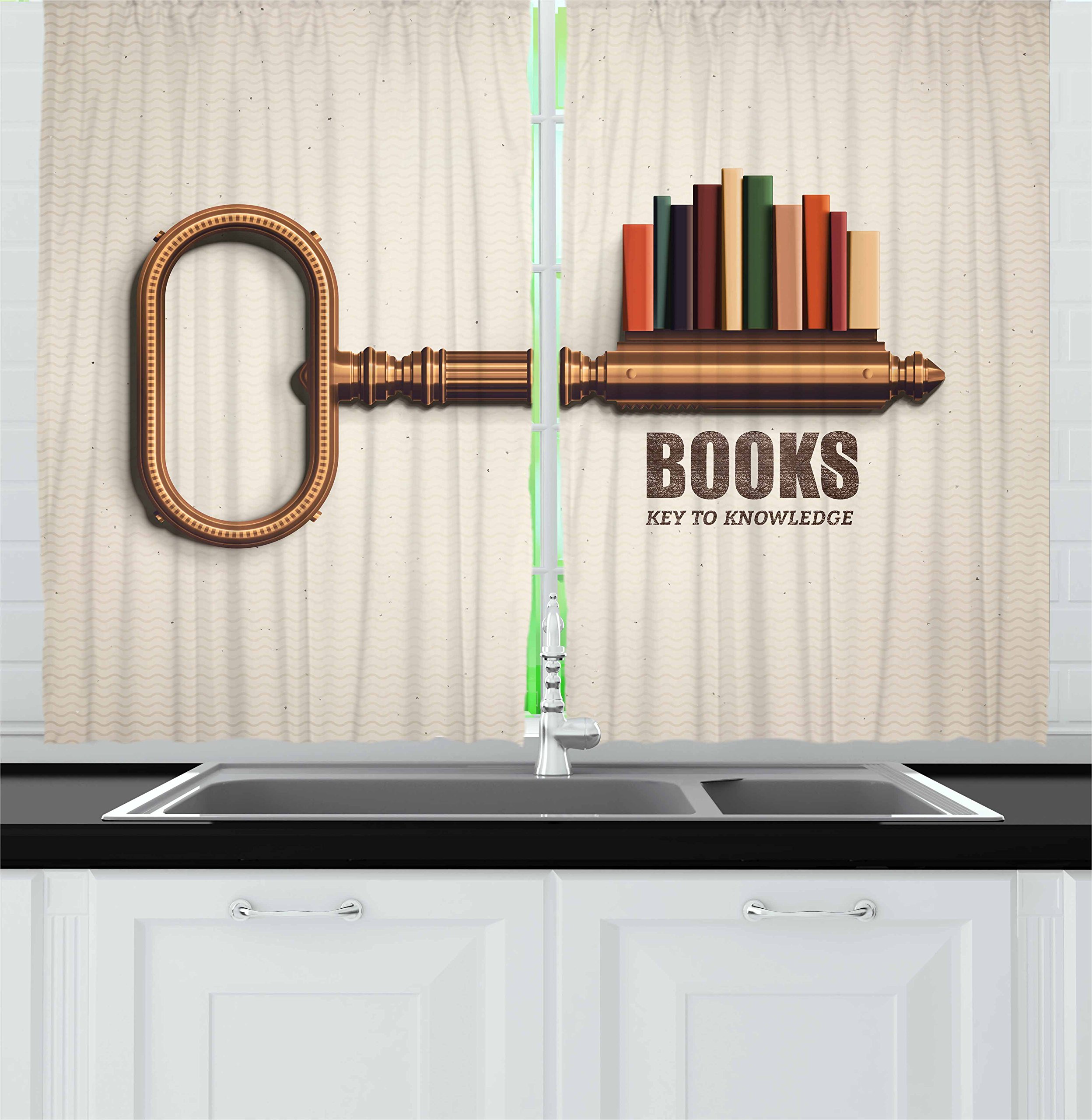 Ambesonne Book Themed Kitchen Curtains - Key Shaped Bookshelf with Colorful Books Print, 2 Panel Window Drapes for Kitchen & Cafe Decor, 55
