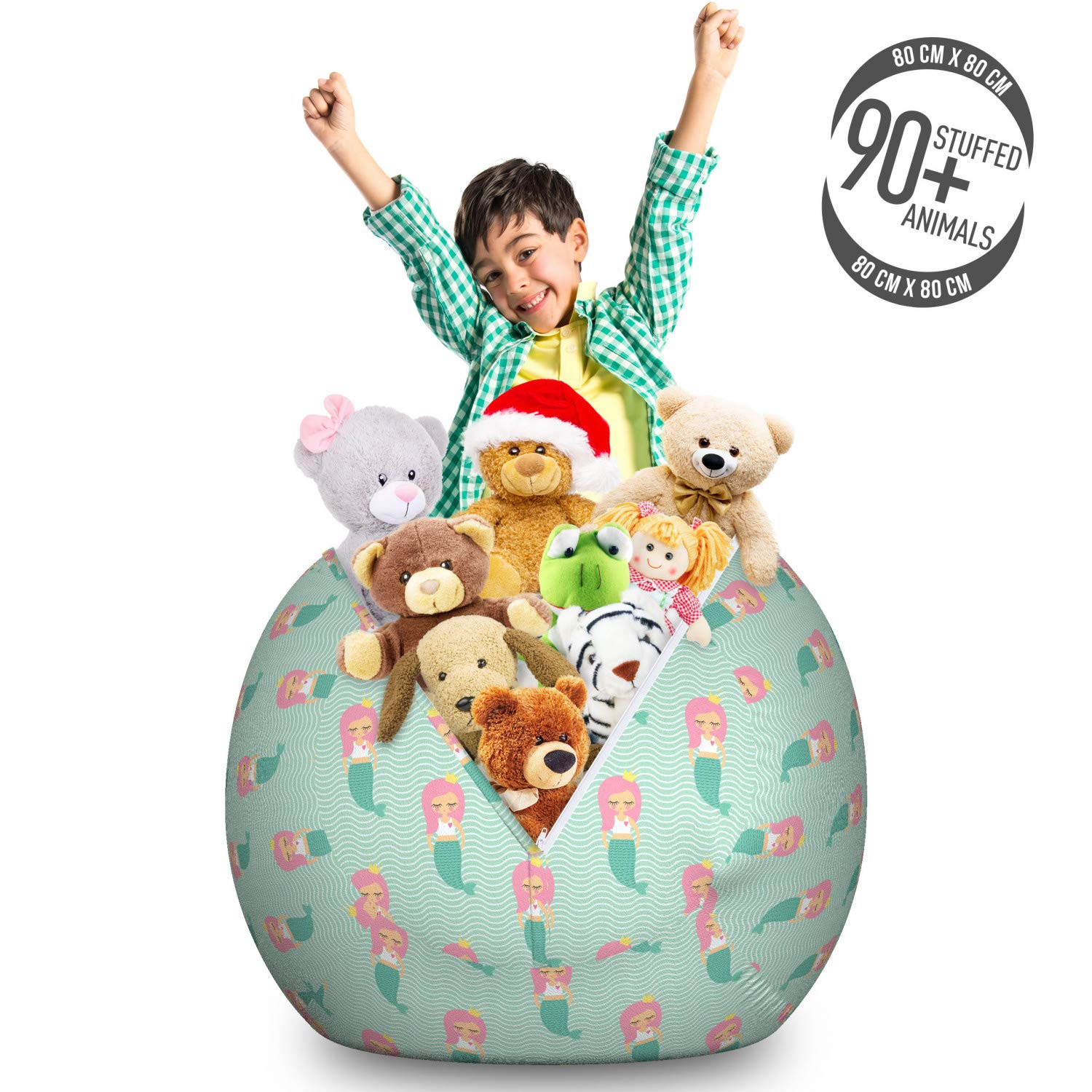 Lunarable Mermaid Toy Storage Bag Chair - Large Pink Haired Mermaid Design with Crown, Washable Stuffed Animal Organizer for Kids Room, Mint Green - Perfect for Bedroom Decor & Toy Organization