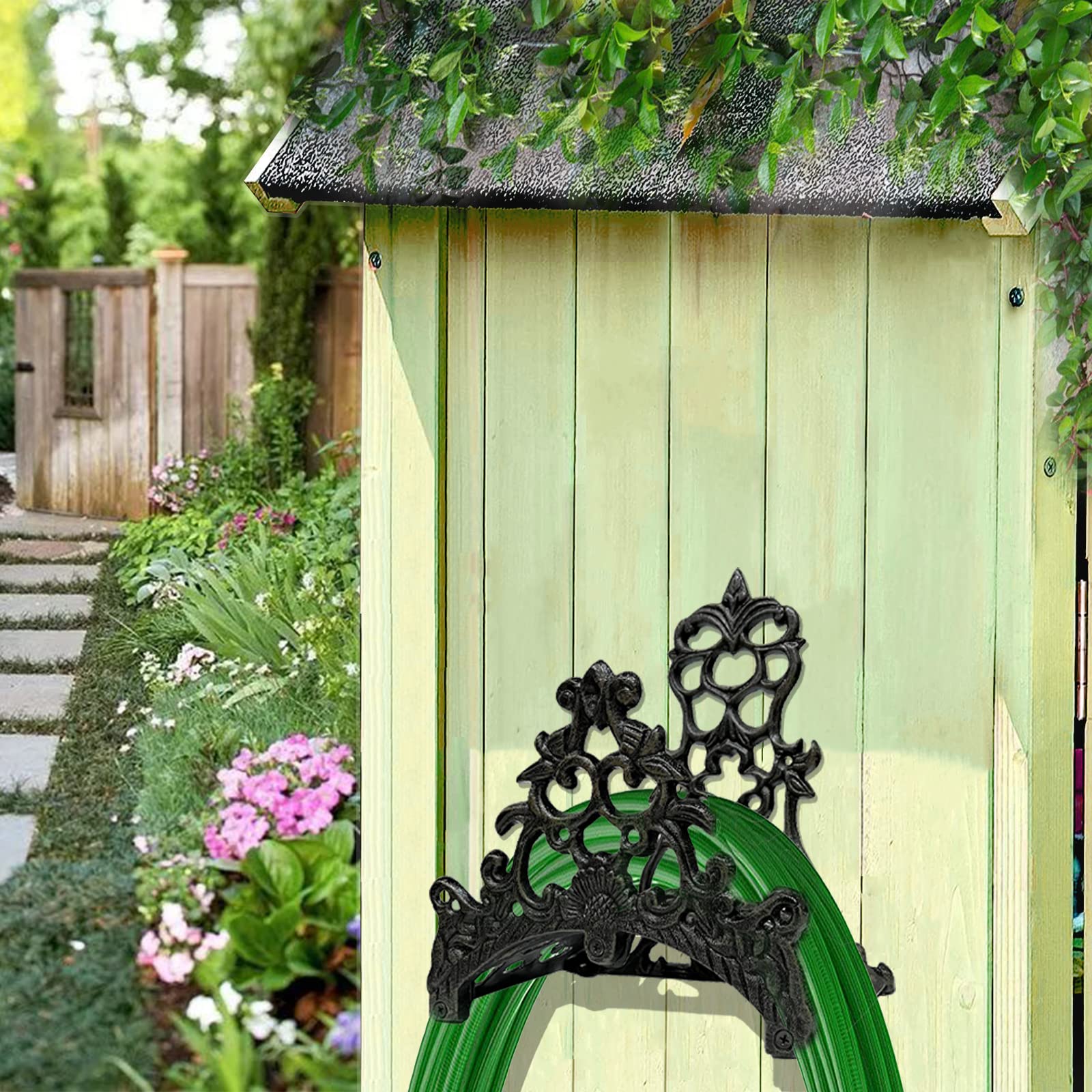 Heavy Duty Cast Iron Garden Hose Holder - Wall Mounted Hose Hanger for 50FT 75FT 100FT Water Pipe Storage | Decorative Yard Hose Butler & Rack Reel | Perfect for Outdoor Garden, Lawn, and Patio Organization