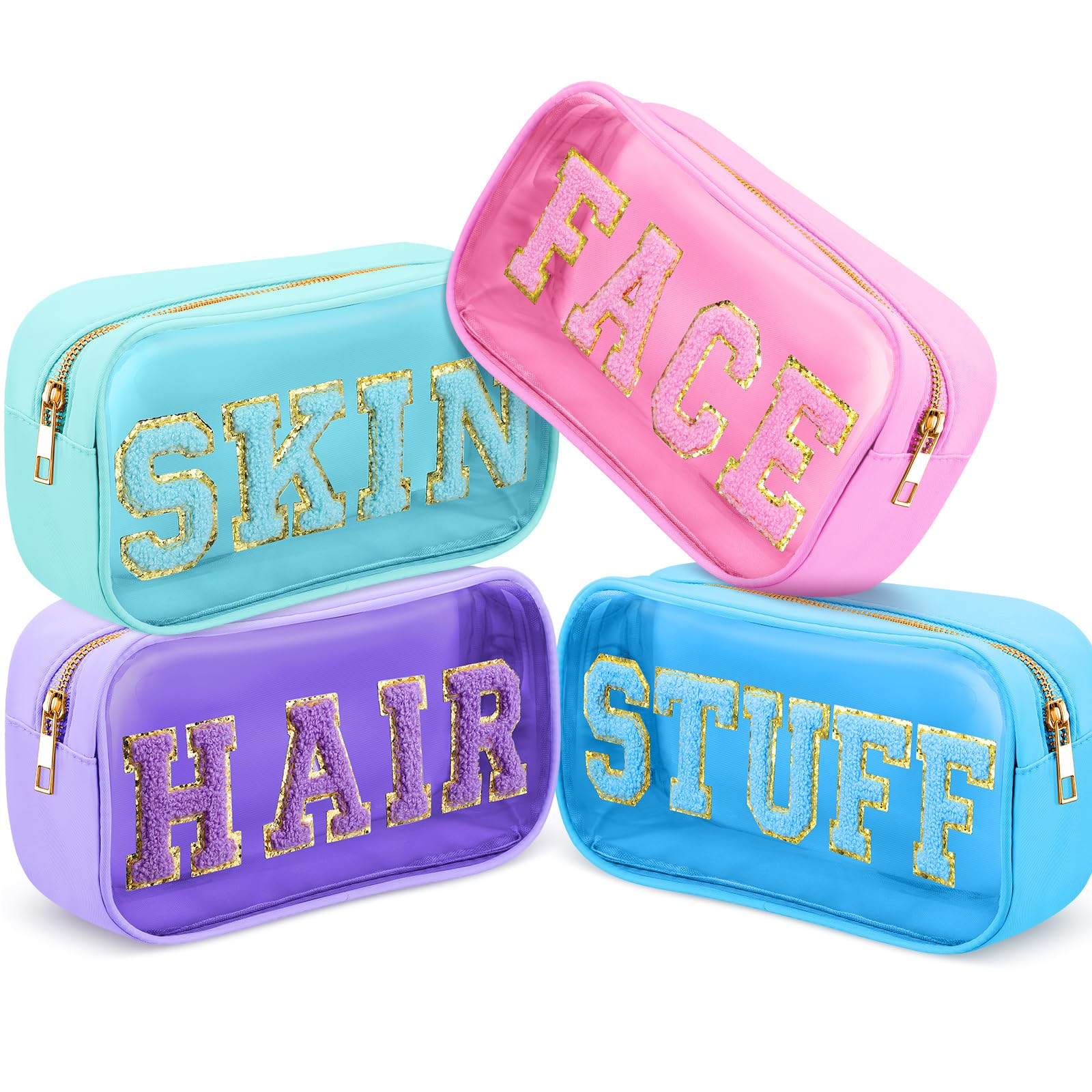 Hillban 4-Piece Chenille Letter Cosmetic Bag Set - Waterproof Nylon PVC Makeup Pouch, Travel Toiletry Organizer for Women - Perfect for Gym, Beach, Vacation & Daily Use (Light Colors)
