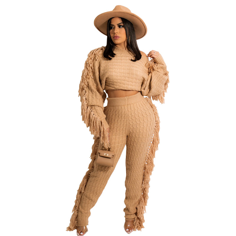 Solid Color Knitted Long Sleeve Fringe Suit - Women's Elegant Loungewear for Home, Office & Special Occasions