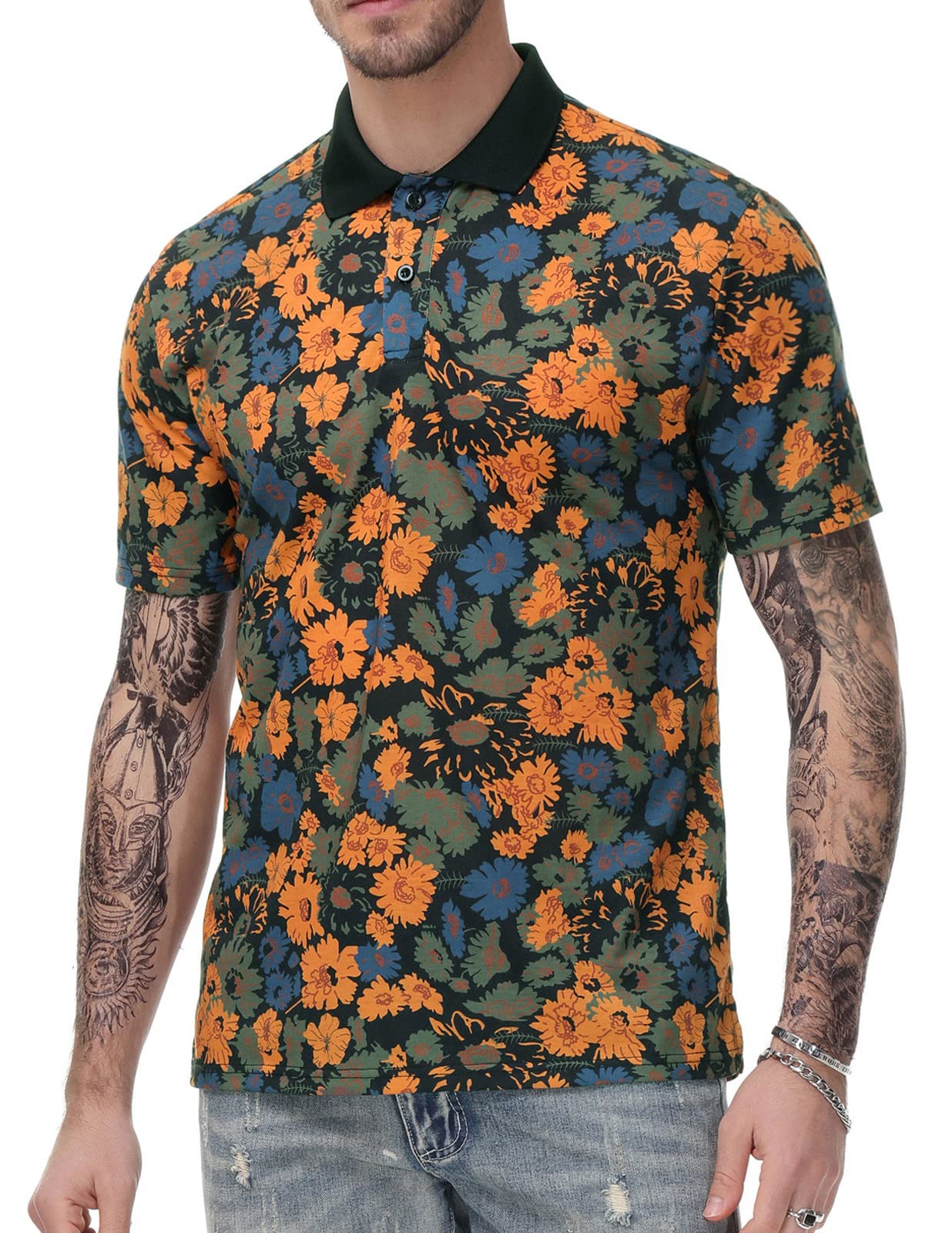 Vintage Floral Print Men's Polo Shirt - Casual Short Sleeve Summer Tee for Outdoor Activities, Golf & Beach Wear