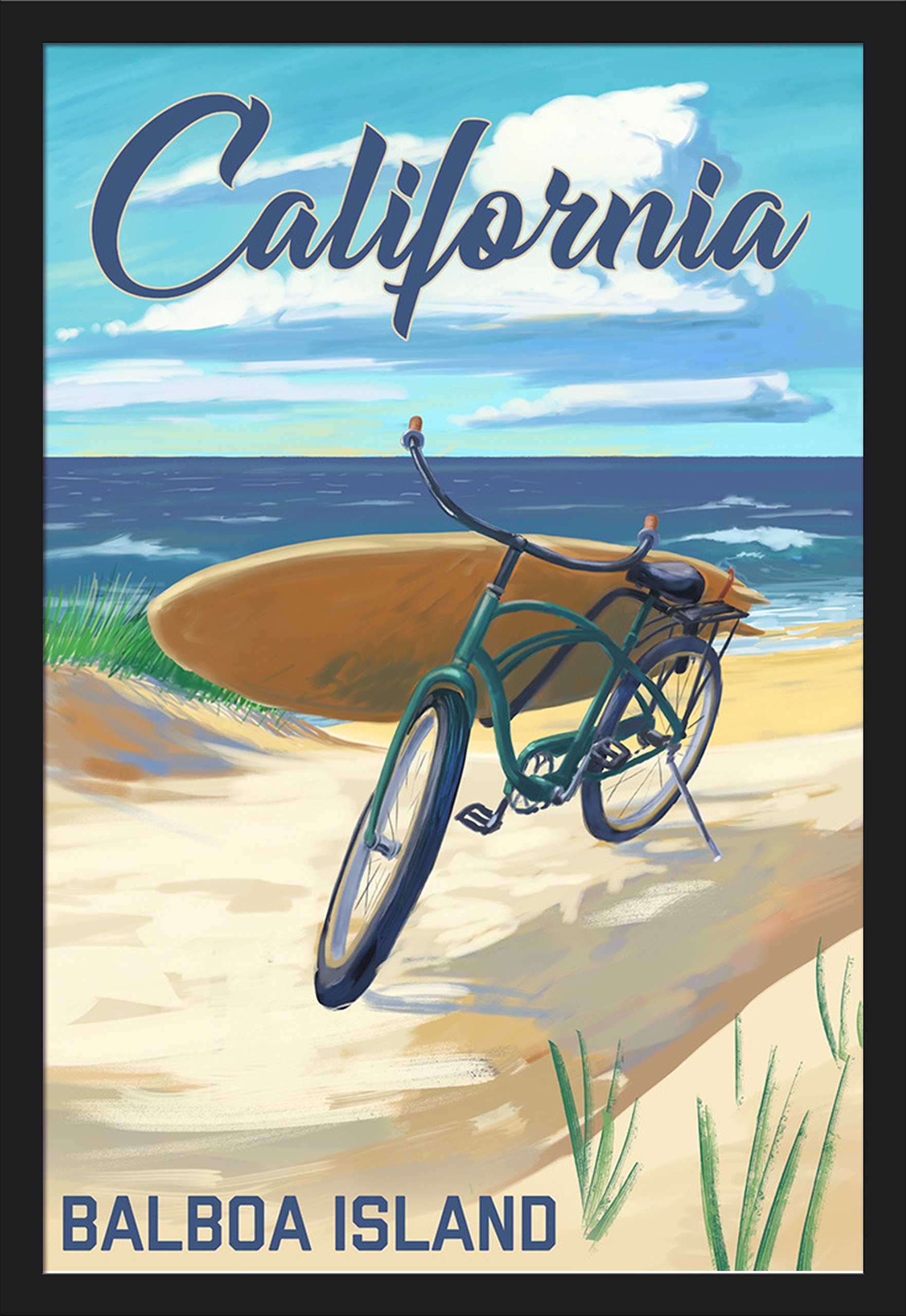 Balboa Island California Beach Cruiser Bicycle Art Print - 24x36 Giclee on Canvas, Black Wood Gallery Frame - Perfect for Coastal Home Decor & Beach House Wall Art