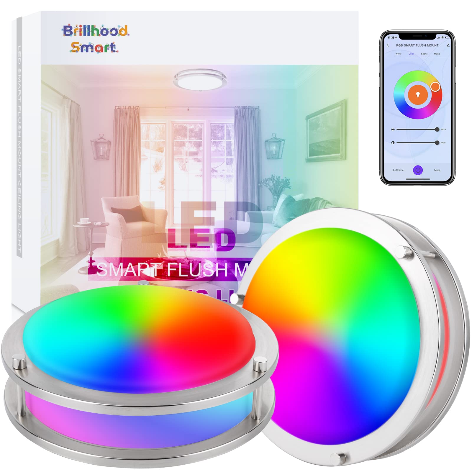 BRILLIHOOD Smart WiFi RGB Color Changing LED Ceiling Light - 10 Inch 18W 1000LM 2700K-5000K Flush Mount Light Fixture - 2 Pack - Works with Alexa & Google Home - Perfect for Living Room, Bedroom, Kitchen, and Home Theater Lighting