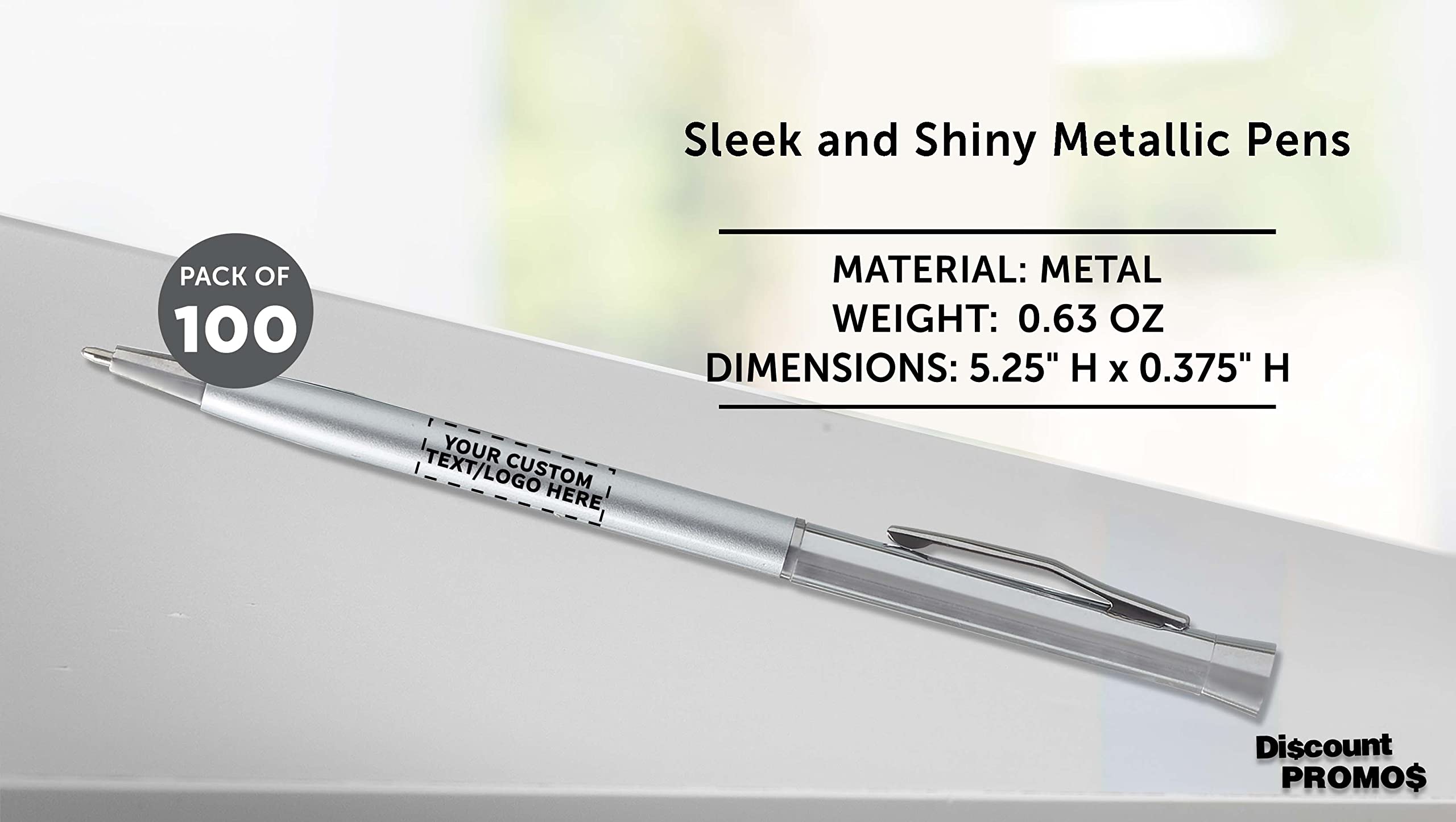 100 Pack Slim Metal Hotel Pens - Customizable Text & Logo - Two-Tone Minimalist Design with Black Ink - Silver Finish - Perfect for Corporate Gifts, Hotels, Offices & Events