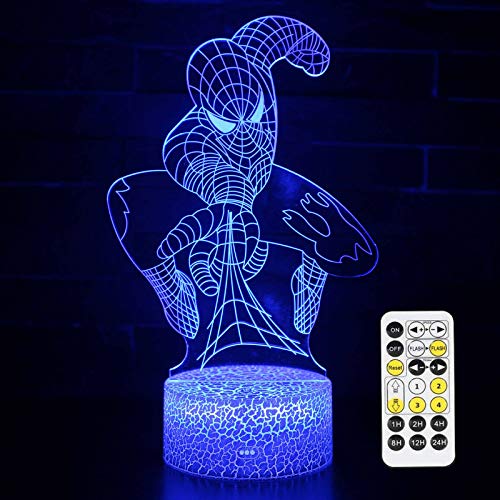 QIKI Spiderman 3D Night Light - Superhero LED Lamp for Boys & Girls, Cool Gadget Gift for Men, Kids Birthday & Christmas Party Favors - Perfect for Bedroom Decor, Kids Room Nightlight, and Superhero Themed Gifts