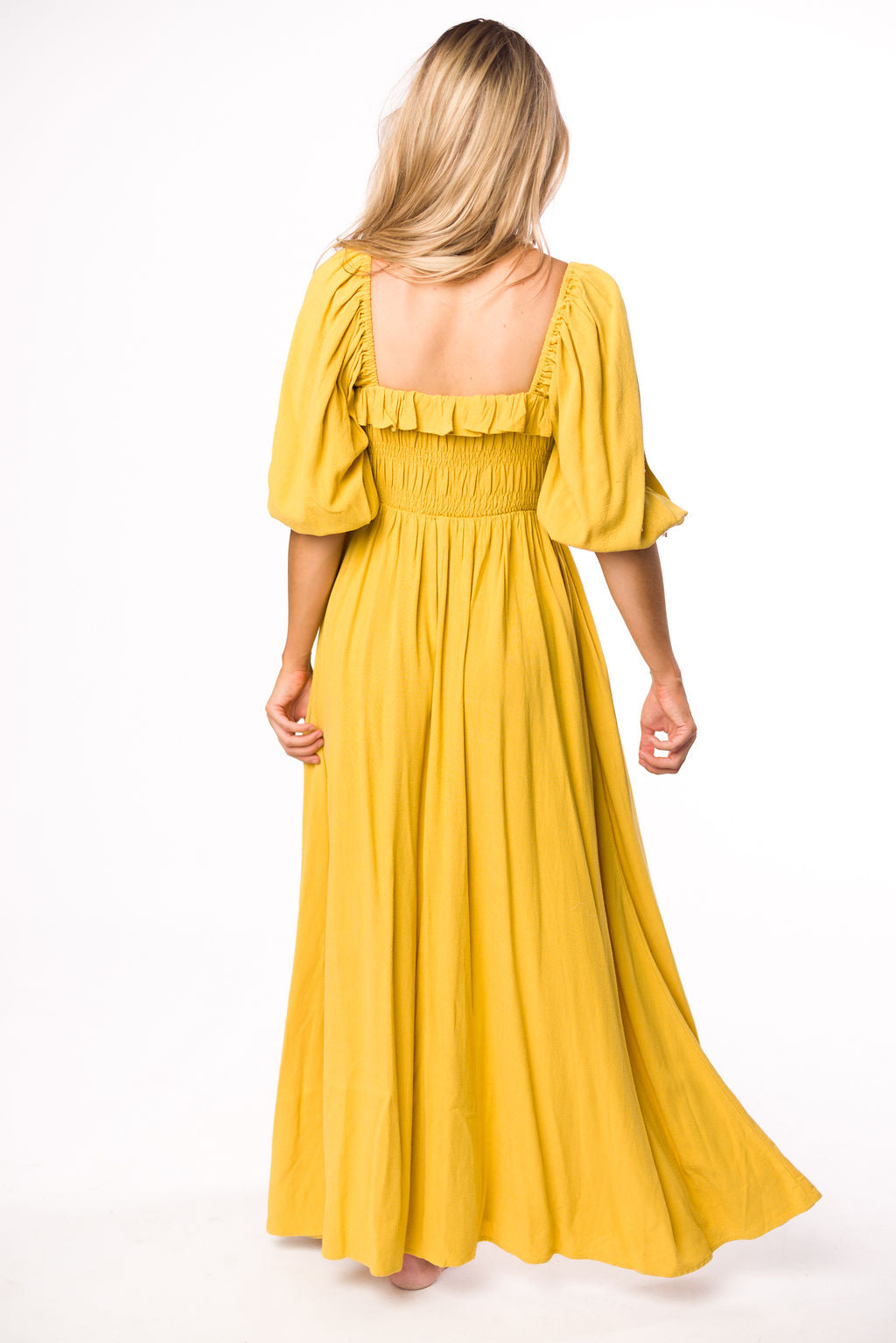 Devon Smocked Maternity Maxi Dress in Mustard Yellow - Bump Friendly Flowy Summer Dress for Pregnancy, Beach & Special Occasions
