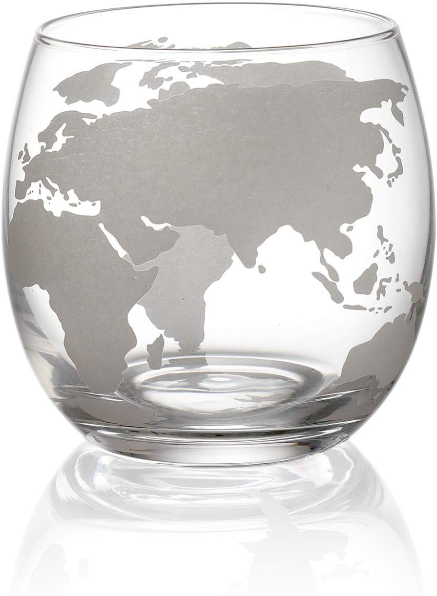 12 oz Etched World Globe Drinking Glasses - Set of 4 - Perfect for Home Bar, Gifts & Themed Parties