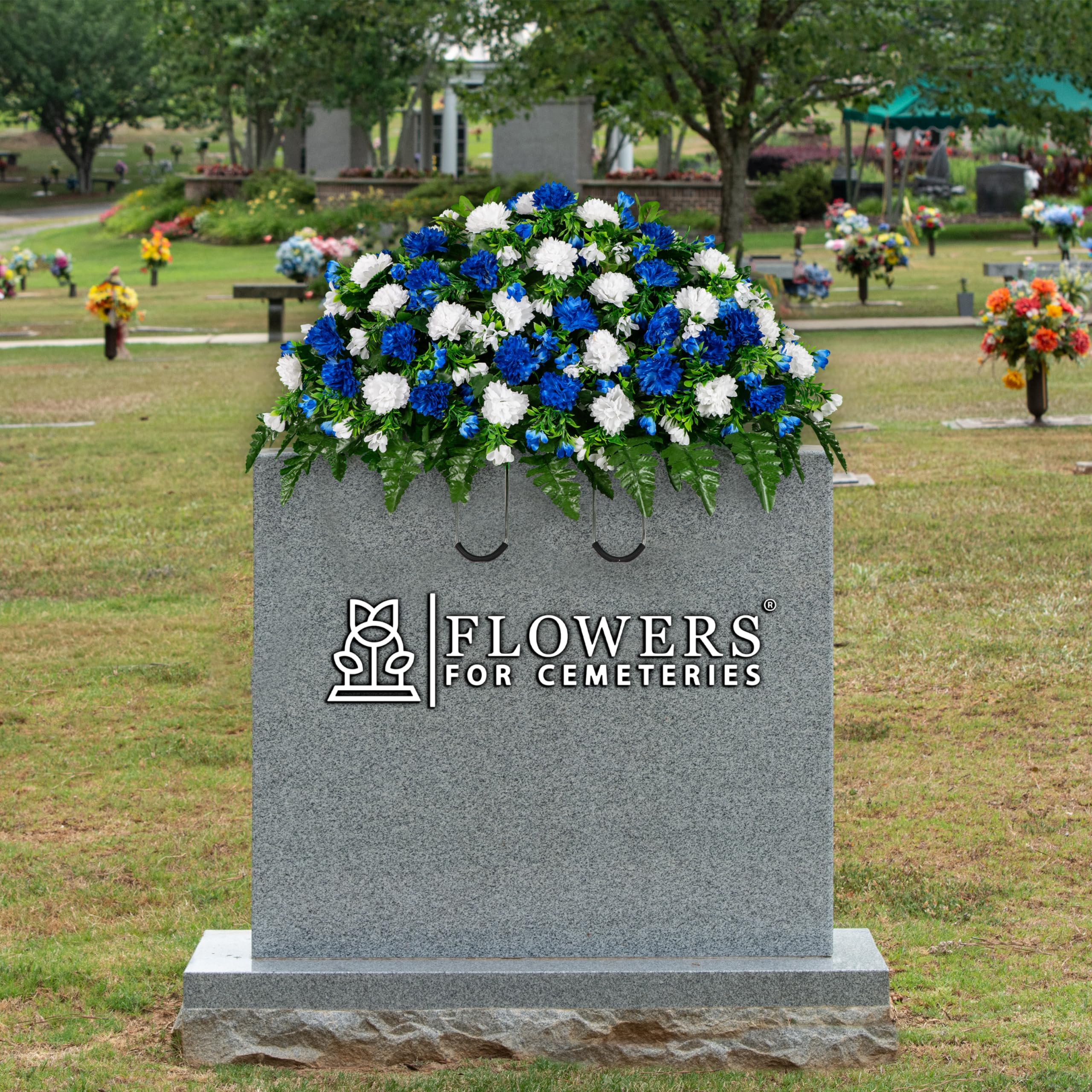 Sympathy Silks Artificial Cemetery Flowers - Bright Sapphire Blue and White Garden Mums - 30