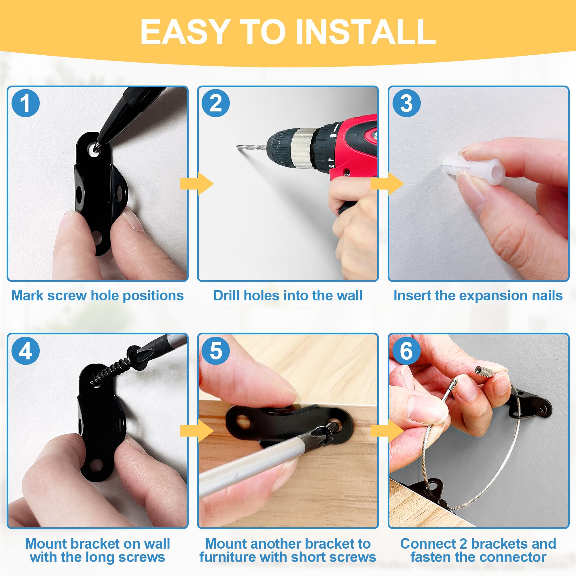 EastLink 10-Pack Baby Proofing Furniture Anchors - 400 LBS Heavy Duty Anti-Tip Straps for Earthquake Safety, Child & Pet Protection - Metal Wall Anchors (Black) - Perfect for Securing Dressers, Bookshelves & TV Stands in Nurseries & Playrooms