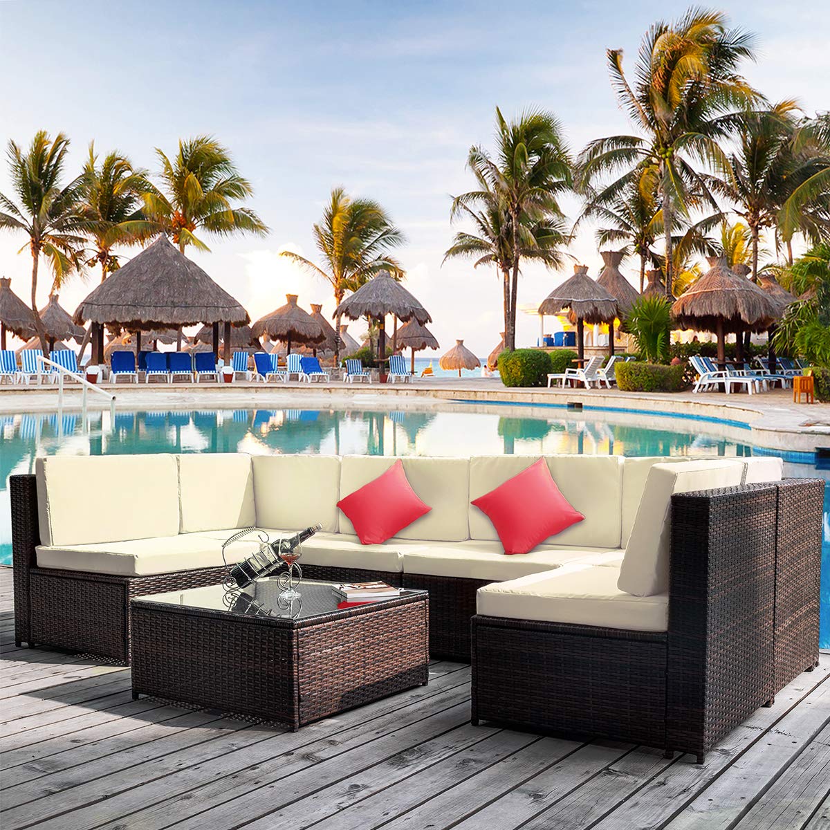 7-Piece Outdoor Patio Furniture Set - All-Weather Rattan Wicker Sectional Sofa with Cushions & Tempered Glass Coffee Table - Beige - Perfect for Backyard, Garden, Poolside & Patio Relaxation